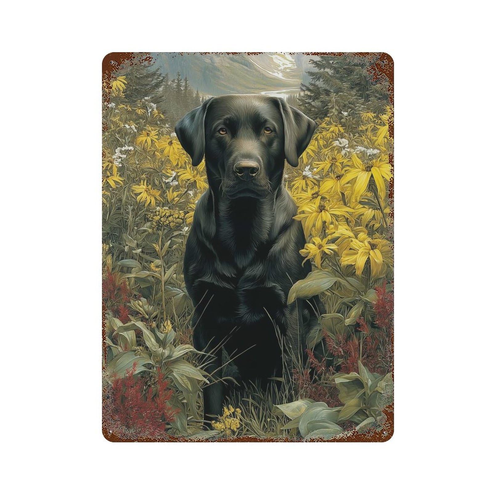 Black Labrador in A Floral Meadow Rust Effect Tin Sign 15.7"x11.8", Industrial Home Decor for Bistro, Counter And Cafe Decor