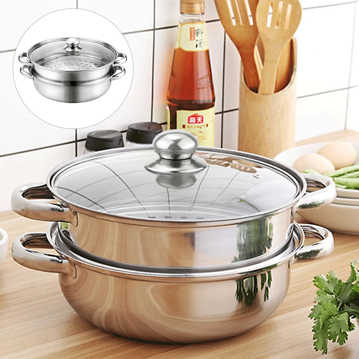 Premium Stainless Steel Steamer Set with 2 Tier Steamer Pans Tier, Multi-Layer Cookware Pot for Steaming, Boiling, and Cooking (Super Thick 25cm)