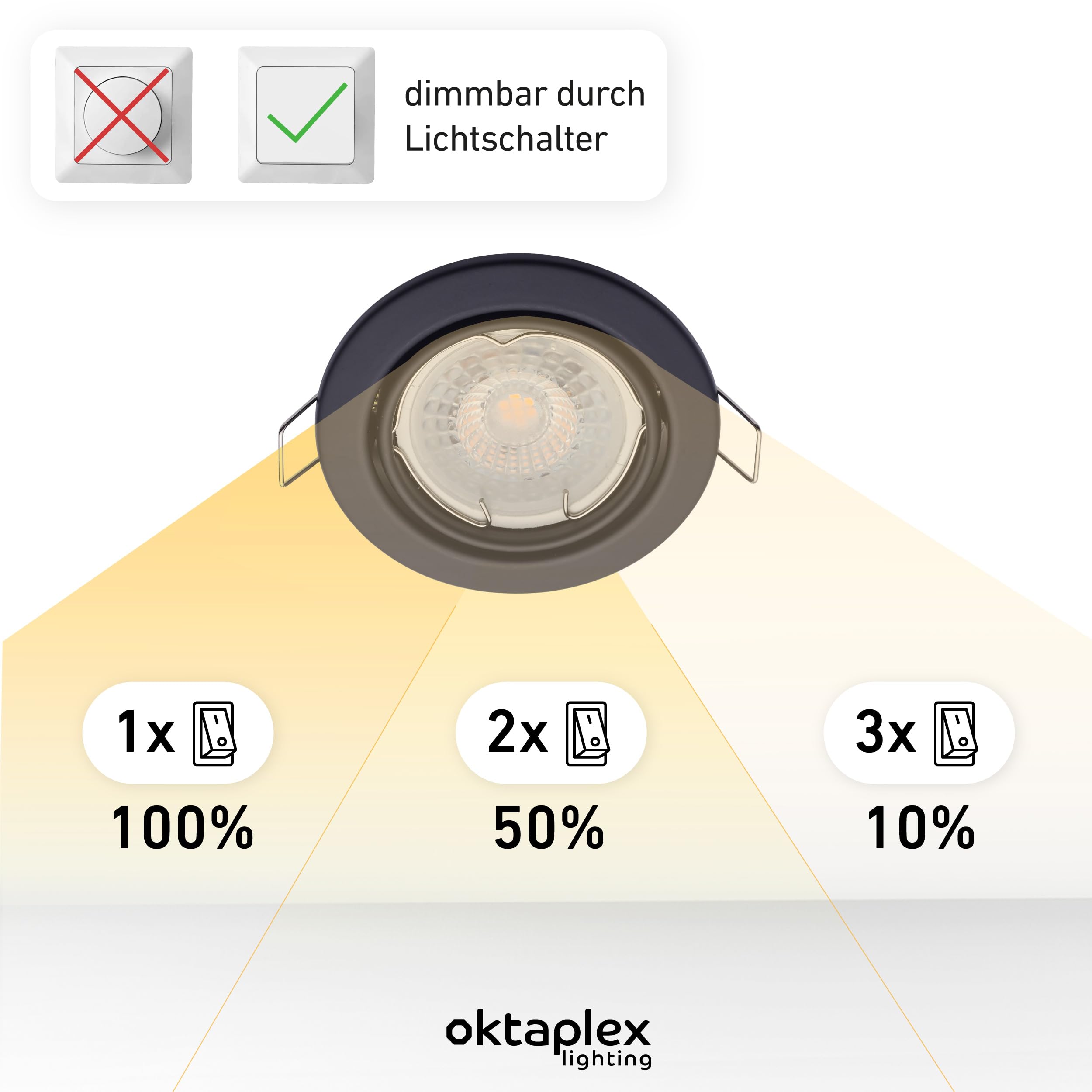 Oktaplex 6er Set Dijon LED Deckenspots 230V 3-Step dimmbar schwenkbar flach | 22mm Einbautiefe, Warmweiß 2700K, Lochmaß 68mm, 4,8W, 380lm, 110°, Einbaustrahler Schwarz, rund