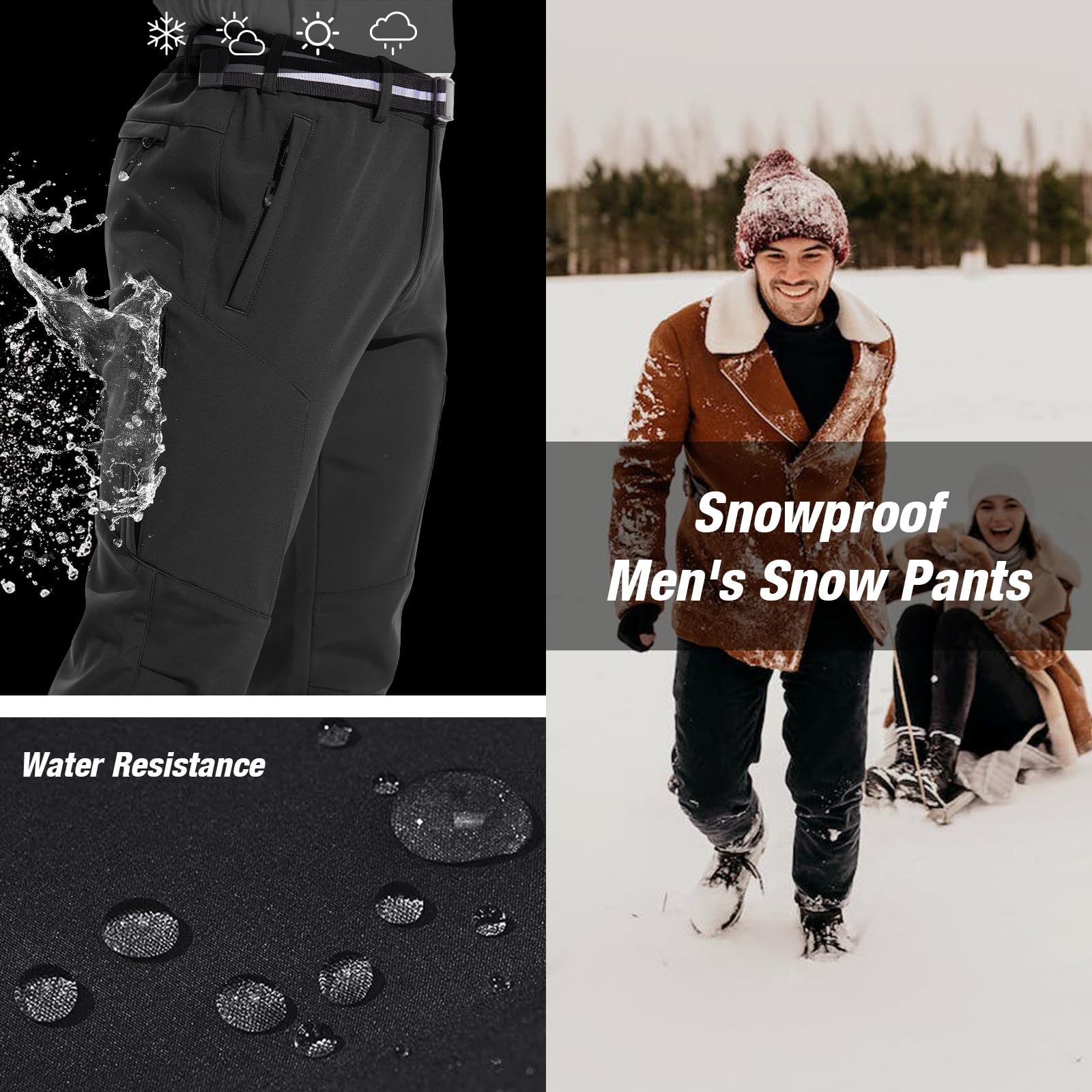 MOURCE Fleecegefütterte Schneewanderhose wasserabweisend isolierte Winter-Skihose mit 6 Reißverschluss-Taschen