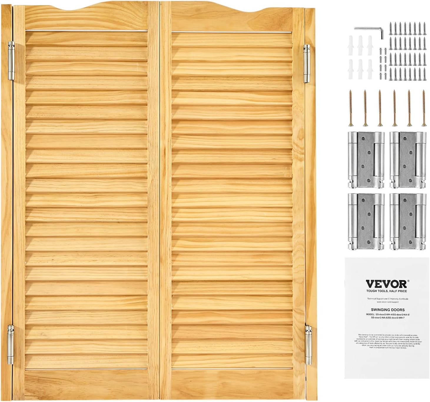 VEVOR Double Saloon Swinging Doors, 36" W x 42" H Arched Top Interior Swinging Cafe Doors, Premium Pine Wood, with Hinges & Hardware Kit, Easy to Install for Hallway Kitchen Bar Pub Entrance Log Color