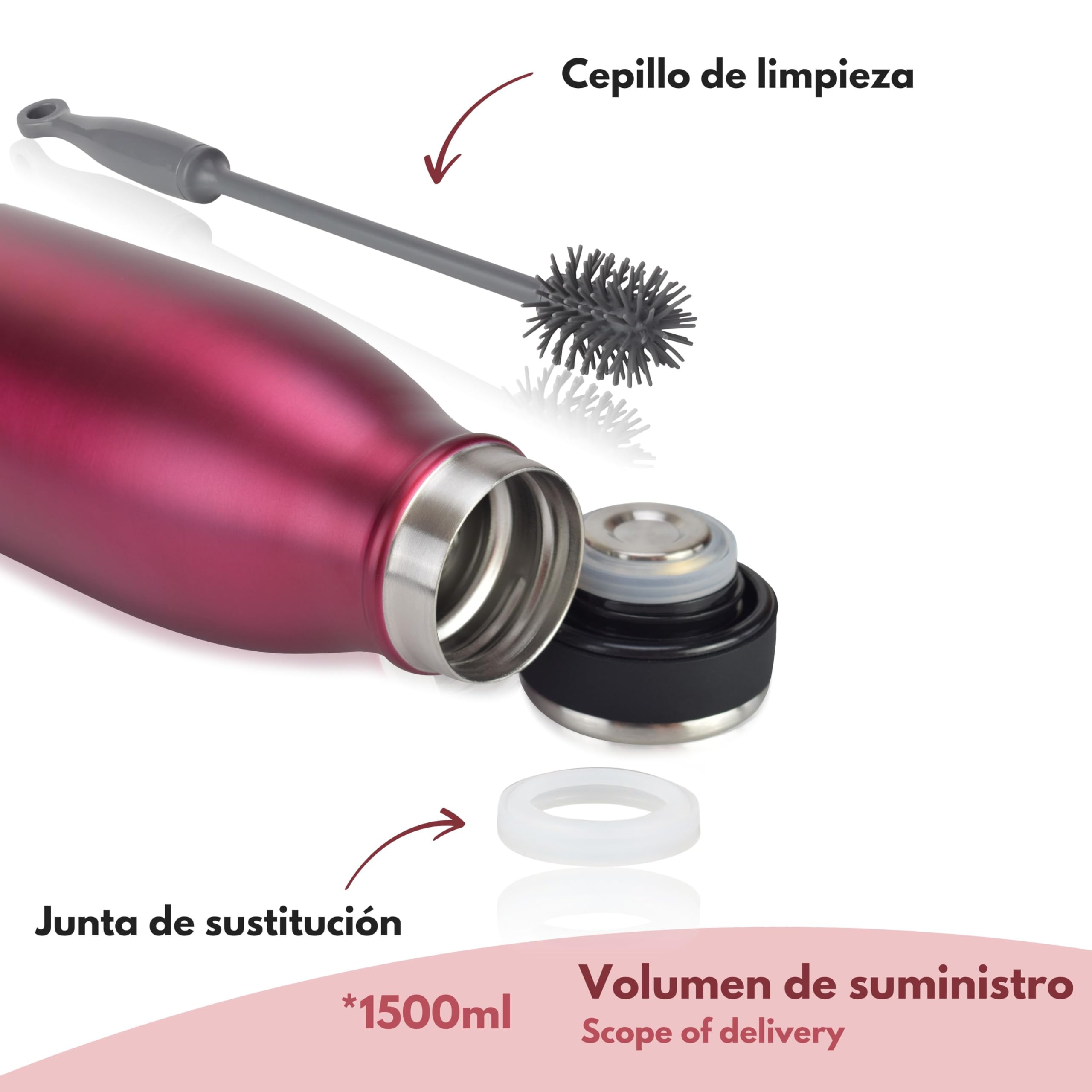 Milu Botella de acero inoxidable de 350ml 500ml 750 ml 1 L 1,5 L botella de agua aislada, termo a prueba de fugas, doble pared, apta para ácido carbónico + cepillo de limpieza (Azul Violeta, 350ml) — view 209