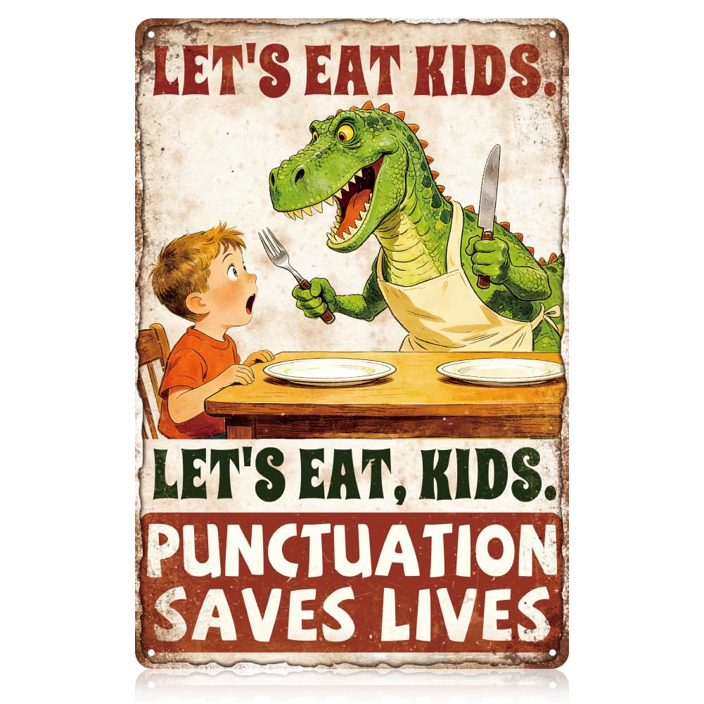 WADORN Dinosaurs Vintage Metal Tin Sign, 12x8 Inch Punctuation Saves Lives Retro Art Sign Funny Cartoon Dinosaur Decor Gift Plaque for Man Cave Cafe Pub Restaurant Garage Bar Shop Kitchen Wall Poster