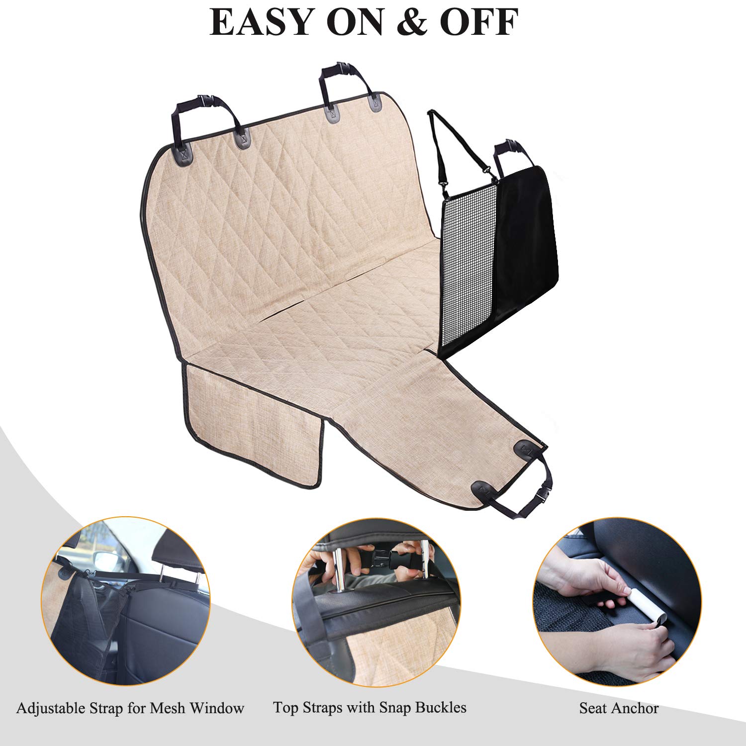 VIVAGLORY Dog Car Seat Covers, Hammock Seat Cover Mesh Visual Window with Extra Strap & Buckles, Waterproof & Nonslip Car Back Seat Cover Convert to Bench Seat Cover & Trunk Liner, Heather Khaki S - image 5