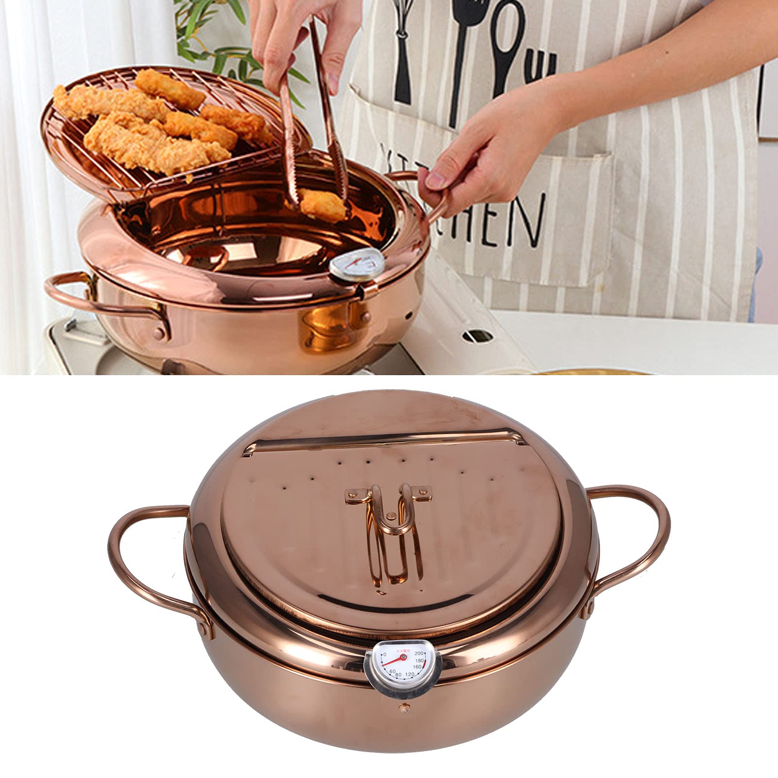 Friteuse Tempura, Marmite à Frire Japonaise Petite Friteuse en Acier Inoxydable avec Thermomètre 3.4L Marmite de Friture Profonde Antiadhésive Accessoire de Batterie de Cuisine(Or rose)