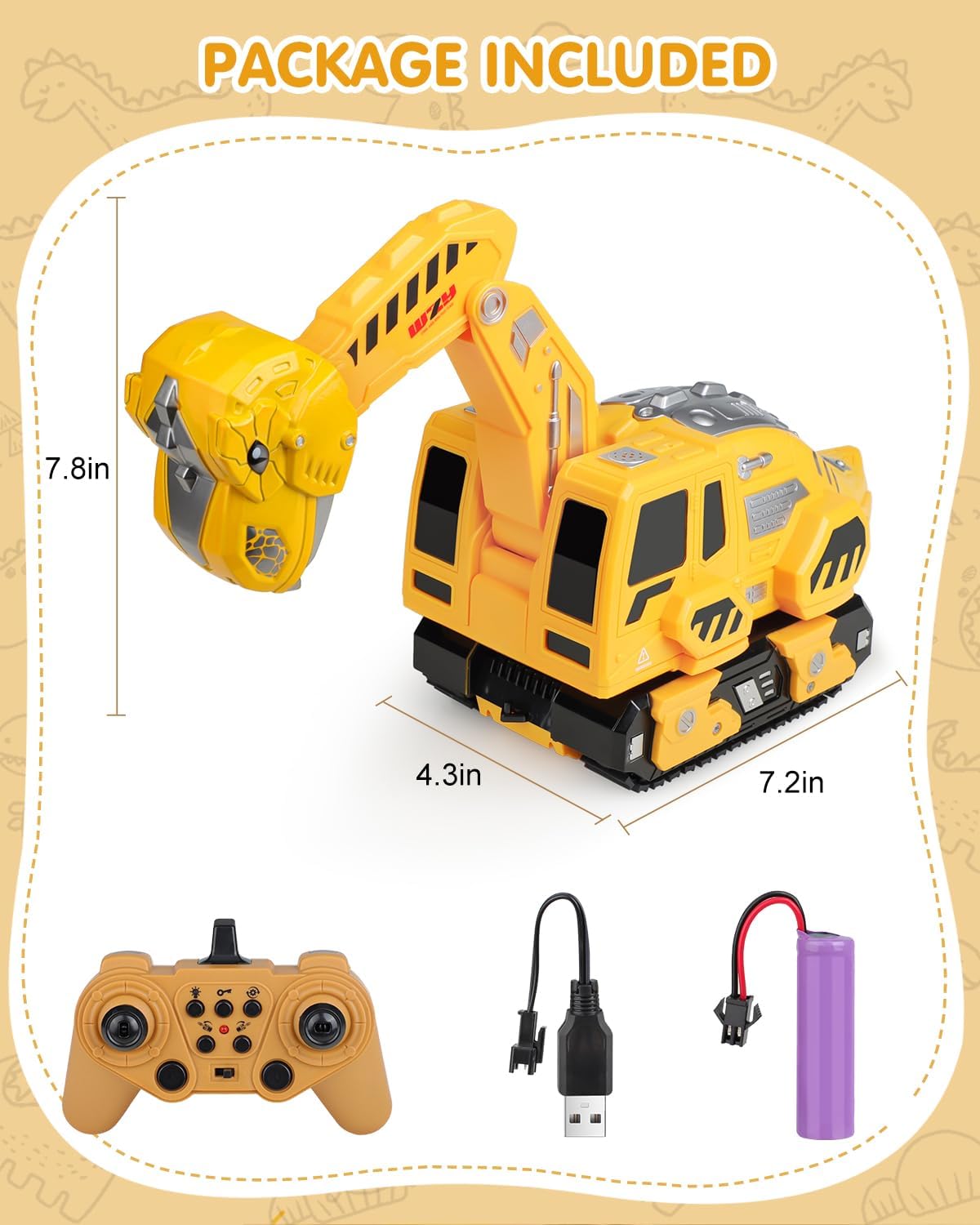 Remote Control Excavator Toys for Boys 4-7, Construction Trucks 2.4GHz RC Excavator with Light and Sound, Dinosaur Toys for Kids 3-5, Christmas Birthday Gifts for Kids (Yellow)