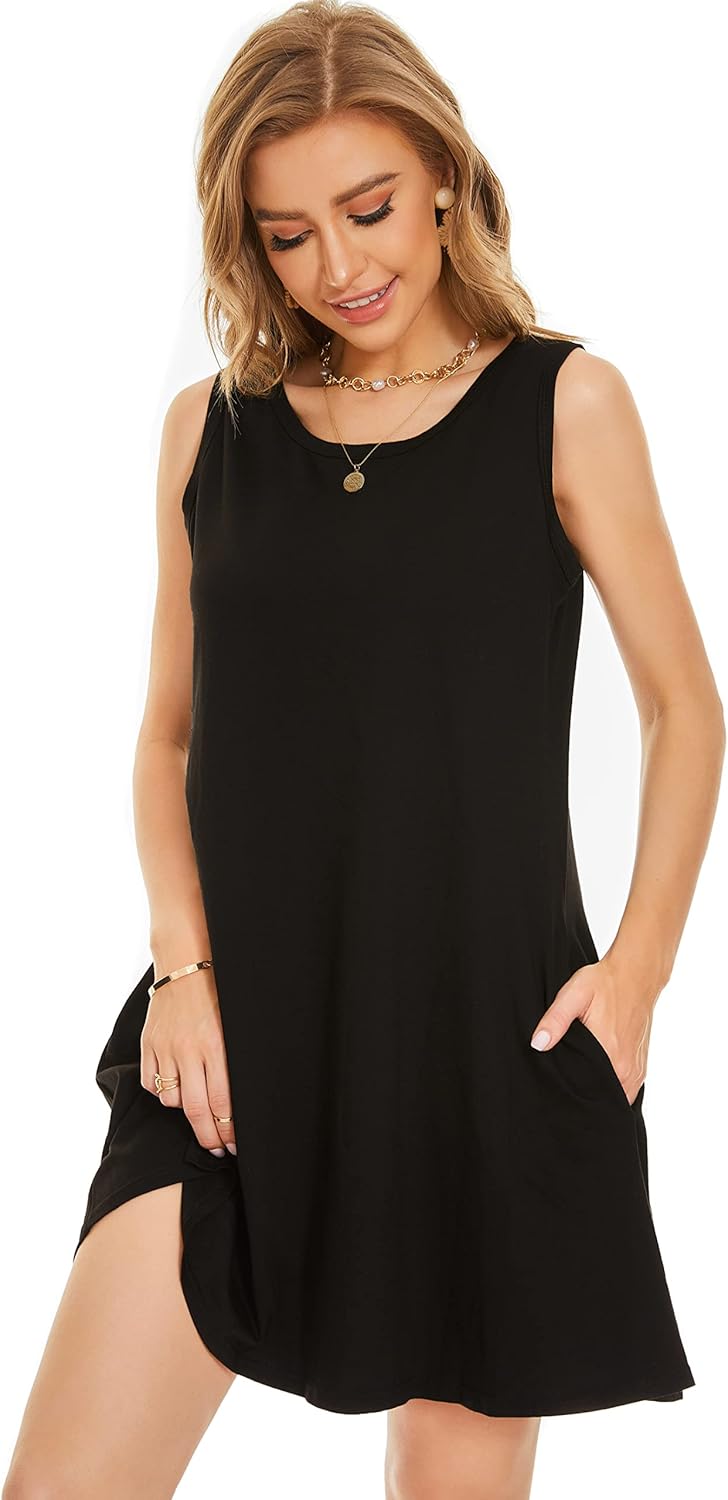 Summer Dresses for Women Beach Boho Sleeveless Vintage Floral Flowy Pocket Tshirt Tank Sundresses Large Solid Black