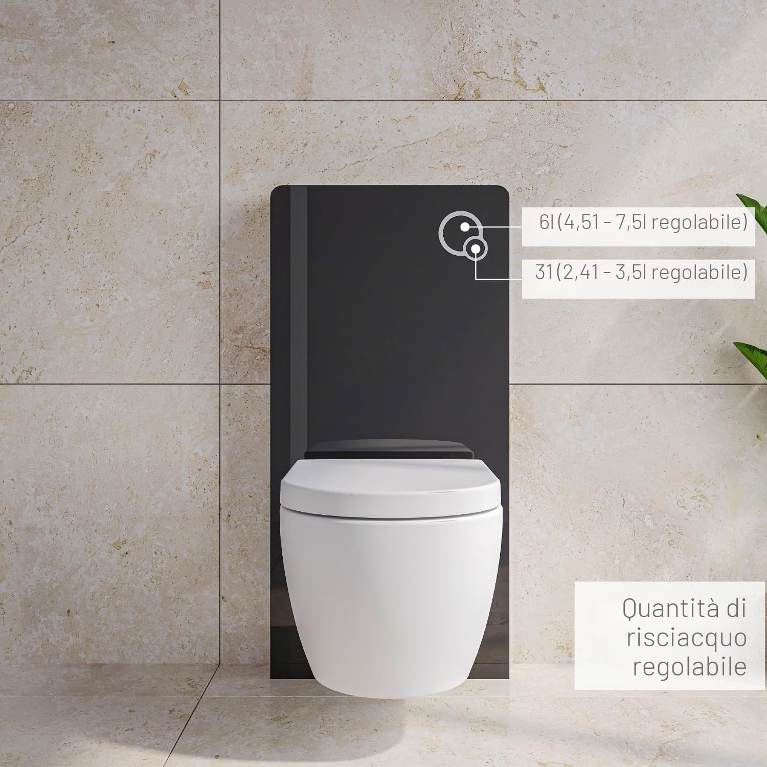 sistema modulo sanitario 805 di installazione per WC vaso sospeso a parete esterno- con pulsante di scarico - in alluminio e vetro nero - cassetta monoblocco - bella e funzionale