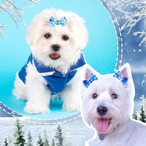 Miniatura 5 de Paquete de 100 lazos de invierno para perros con bandas de goma, lazos de copo de nieve para cachorros, accesorios para el pelo de mascotas, lazos