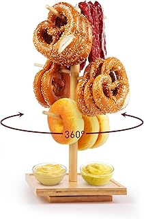 Rotating Pretzel Holder Stand, Wooden Tree-Shaped Pretzel Stand for Pretzels, Donuts, Bagels, and Sausages, Ideal for Oktoberfest, Parties, and Bakeries (7.68" x 7.68" x 16.5")