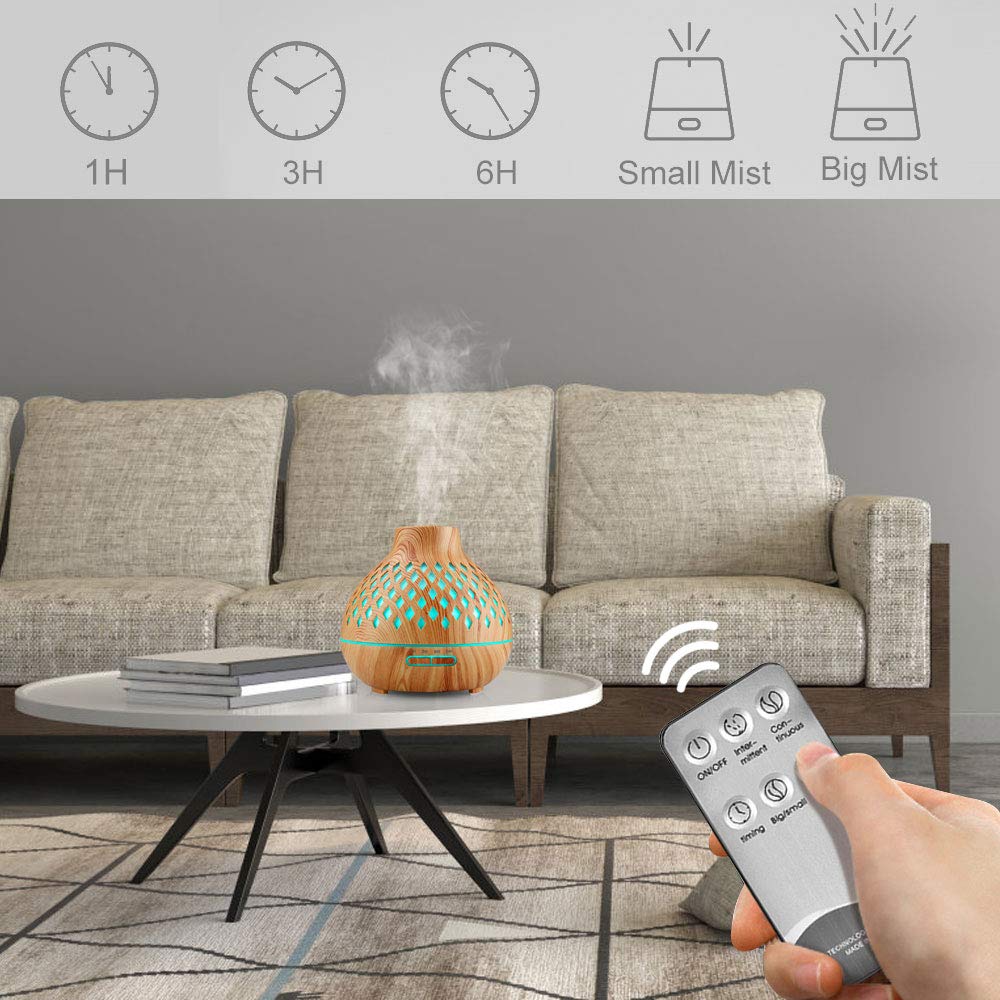 Aroma Diffuser 400ML, Ultraschall Aromatherapie Diffusor, Luftbefeuchter mit Fernbedienung, Automatische Abschaltung bei Wasserlosem Zustand mit 7 Arten LED Lichtfarben für Zuhause Büro Yoga