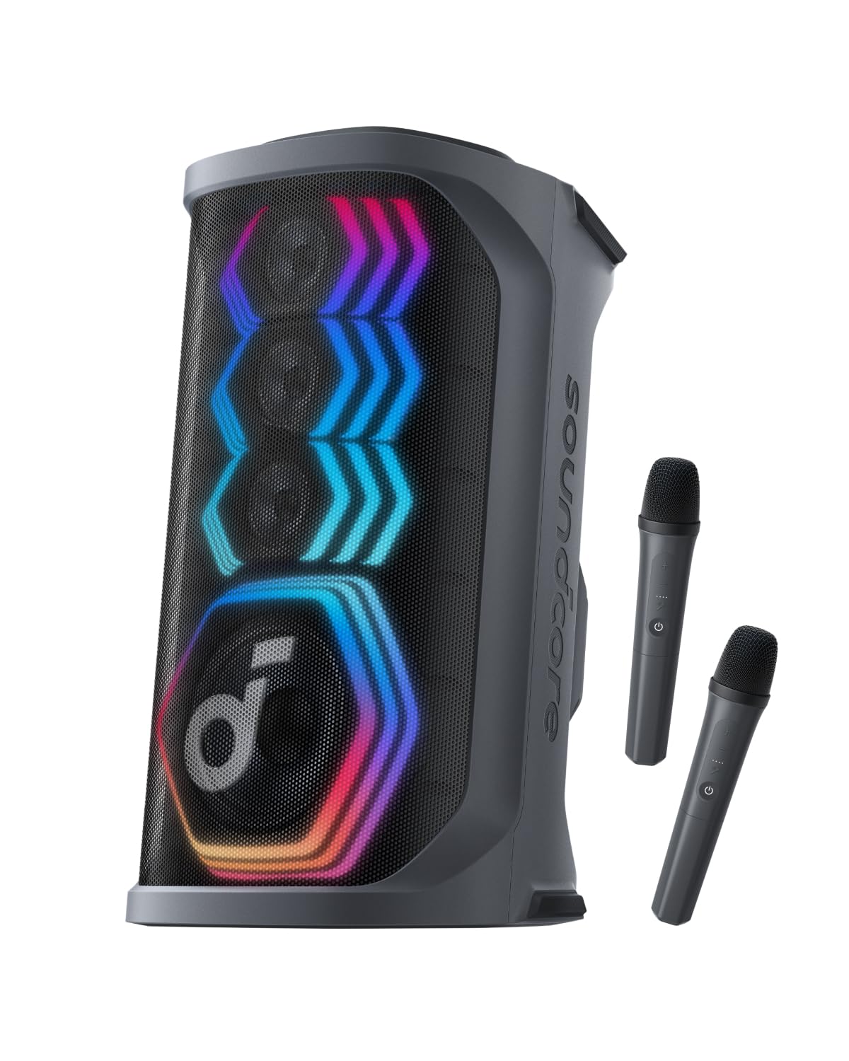 Soundcore Rave 3 Al Karaoke Speaker with 2 Wireless Microphones, 160W Sound, Al Vocal Removal, Vocal Enhancer, Reverb, Light Show, Portable Design 12H Playtime (Renewed)