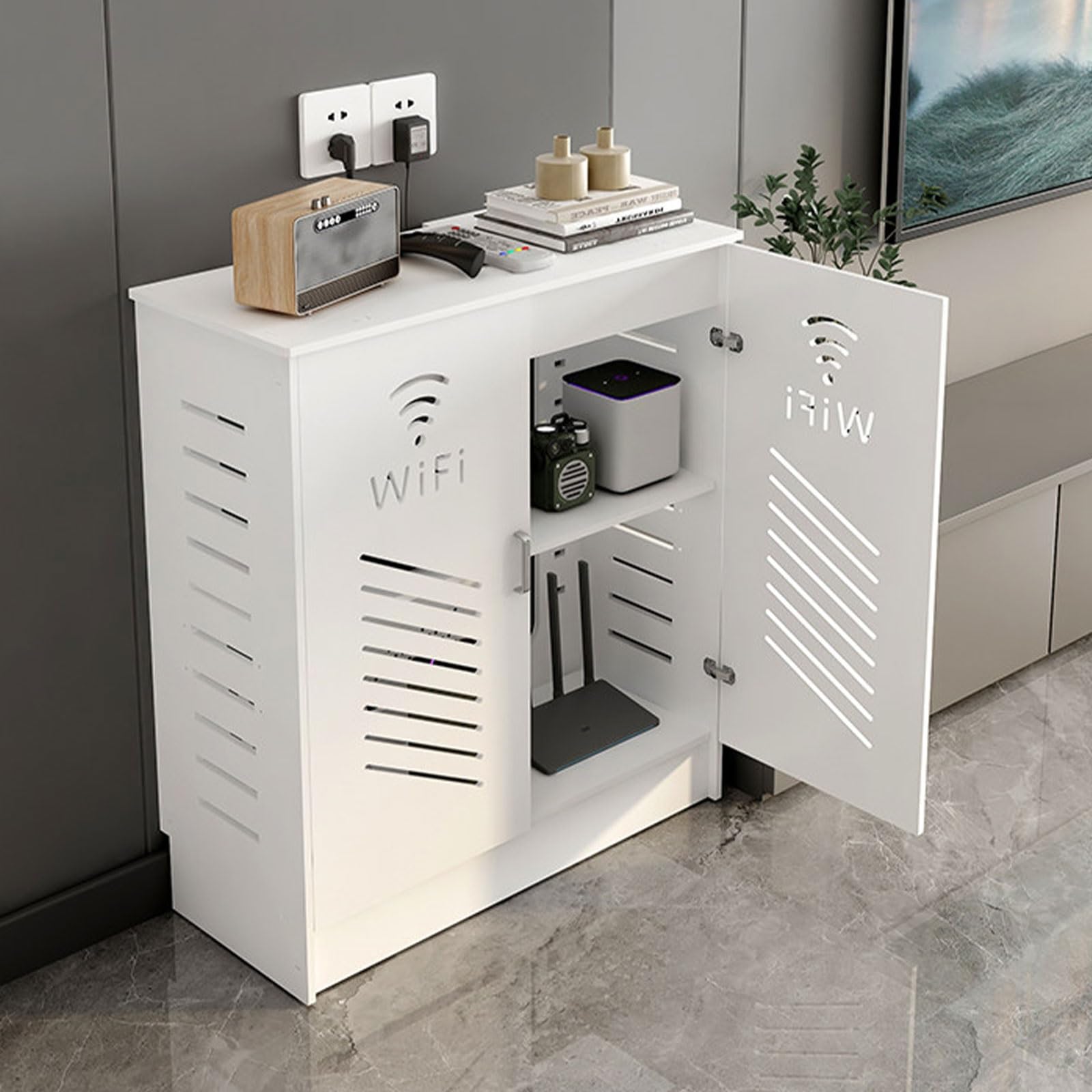 Étagère pour routeur blanche 90x80cm avec cache-adaptateur secteur pour rangement salon et DVD