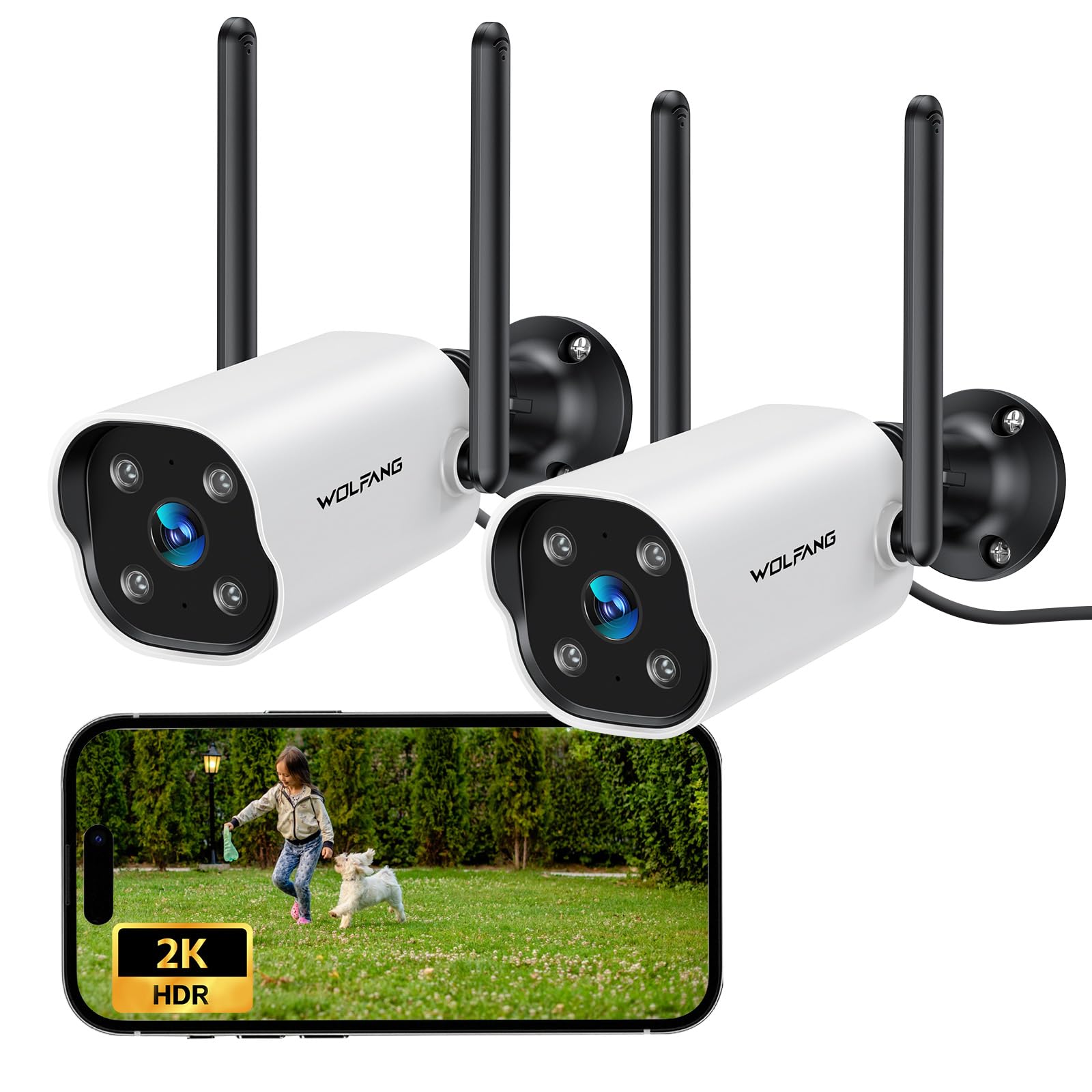 WOLFANG 2K Telecamera Wi-Fi Esterno, Videocamera Sorveglianza con Rilevamento AI, Visione Notturna a Colori 15m, Impermeabile IP65, Audio a 2 Vie, Compatibile con Alexa/Google, 2.4G, Confezione da 2