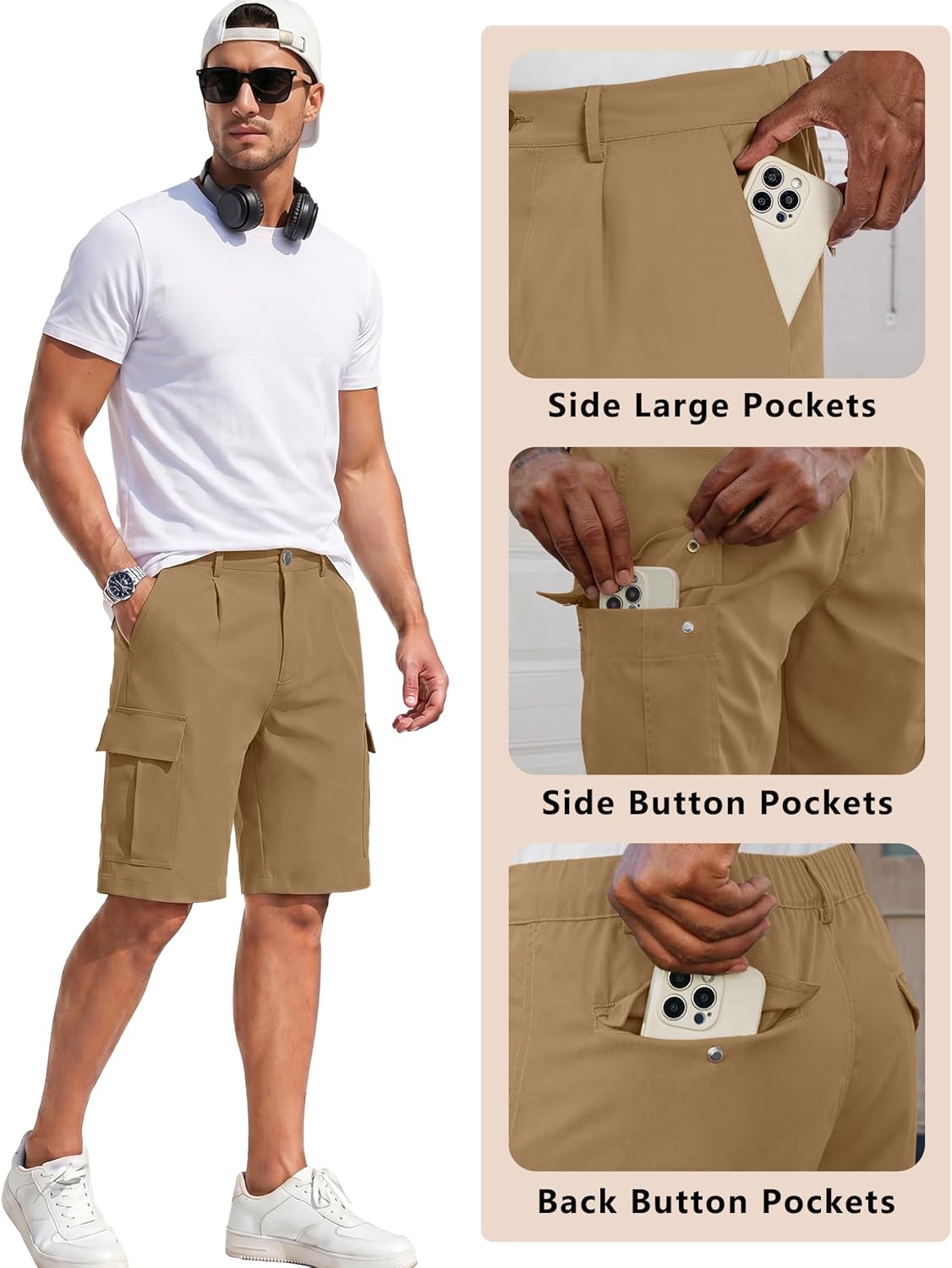 PEGENO Mens Cargo Shorts Elastic Waistband Drawstring Casual Classic Summer Hiking Work Shorts with 6 Pockets