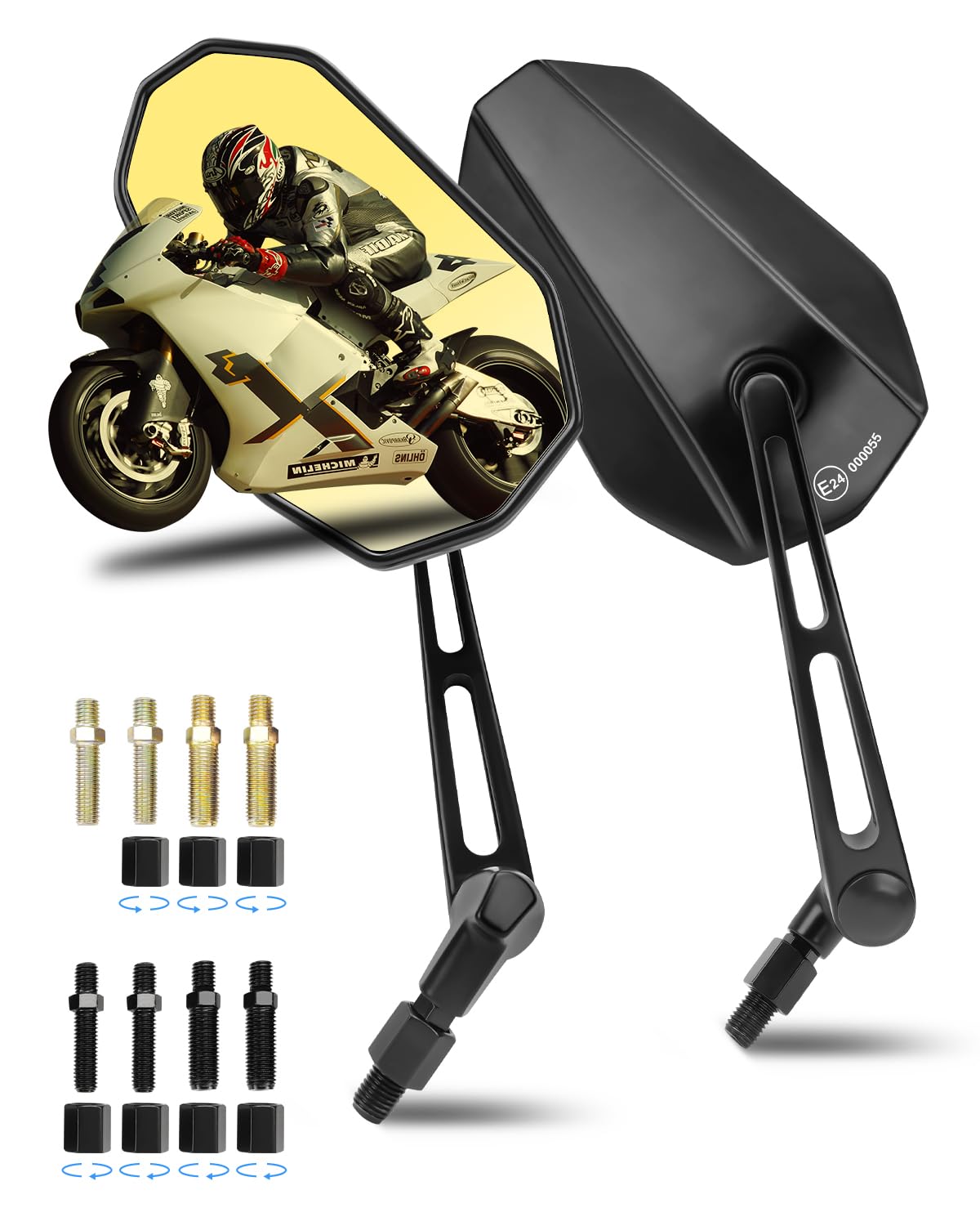 SUPAREE Rétroviseurs Latéraux Moto Rétroviseurs Moto Universel Rétroviseur Guidon Moto Homologué Jaune 360°Rotation Réglable avec E-mark et Filetages M8 M10 pour Quad ATV Scooter 2PCS