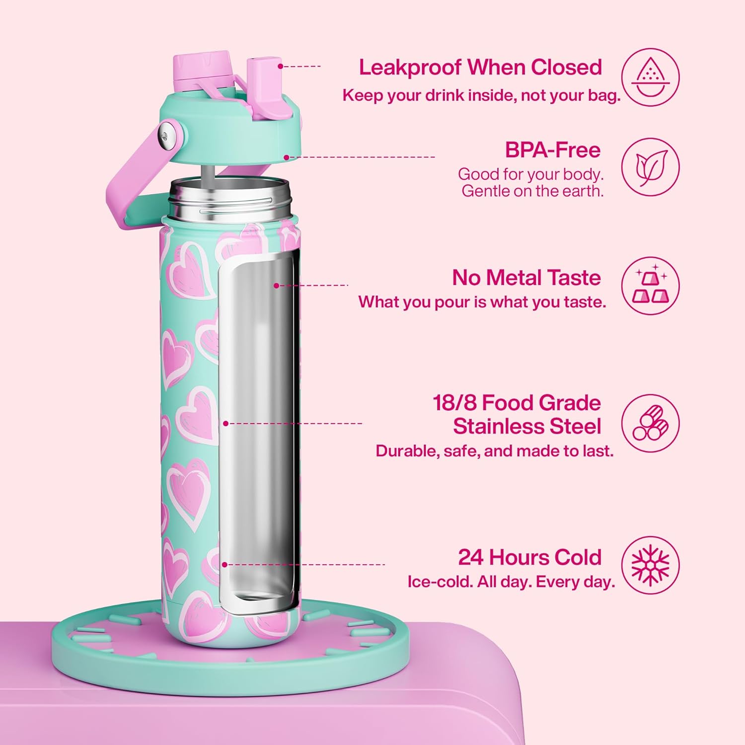 ENCOOL Insulated Water Bottle with Straw Stainless Steel Water Bottle, Leak-Proof, BPA-Free, Keeps Cold for 24 Hours for Sports, Travel, School (26 oz, Sketch Hearts Violet x Mint)