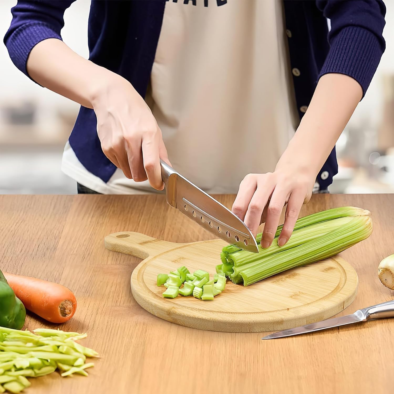 5 tablas de cortar de bambú con asa, tablas de servir redondas, tablas de cocina y tablas de madera para pizza, pan, queso, frutas, verduras, 40 x 28 cm