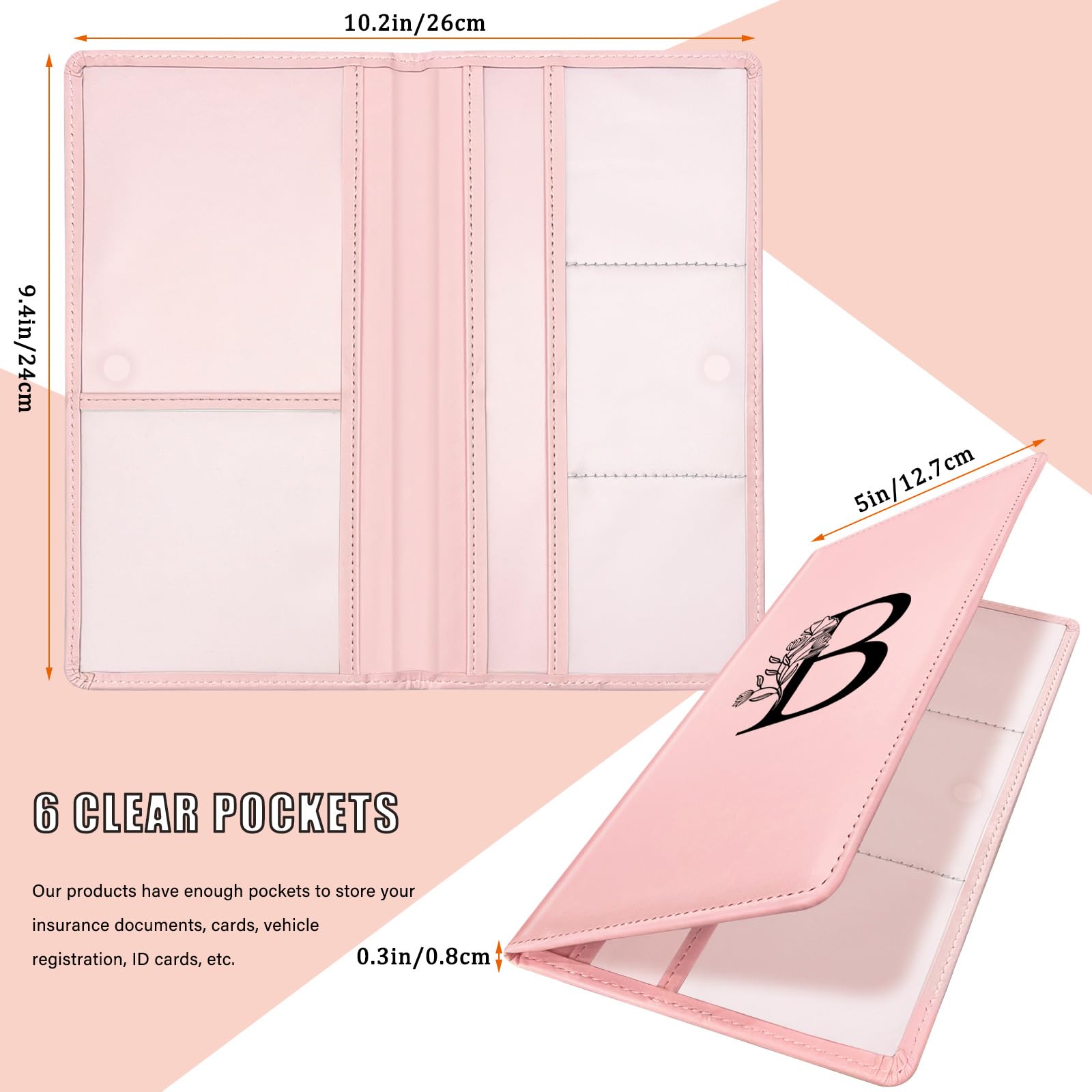 Car Registration and Insurance Holder Car Document Holder with Closure Pink with Letters Wallet Case Auto Vehicle Car — view 3