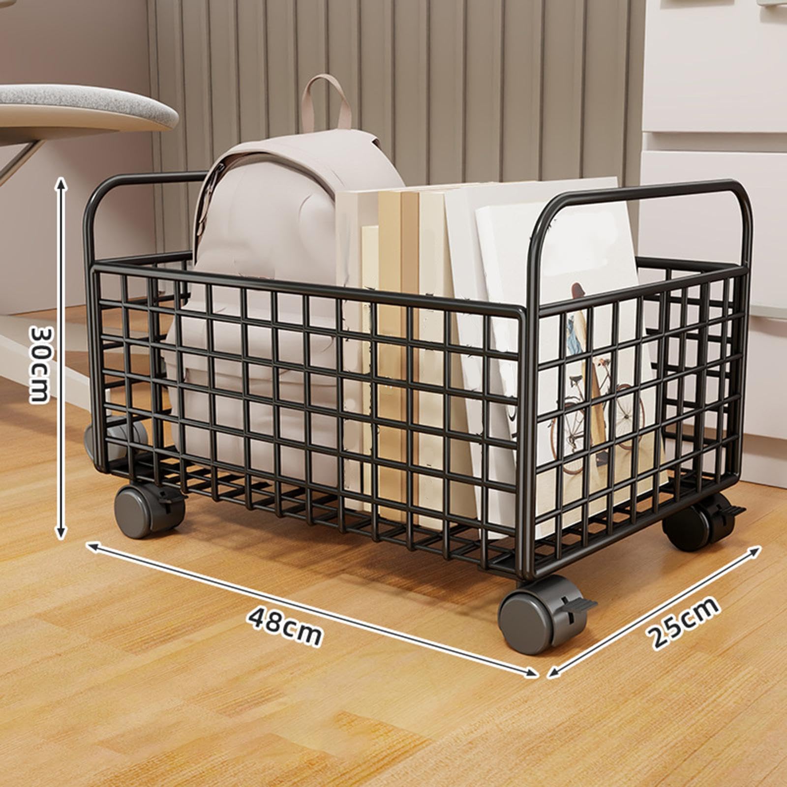 Carrello Multiuso con Ruote, Contenitore Portaoggetti in Rete sotto La Scrivania E Cestino Porta Libri di Cucina, Nero, 25 Cm X 48 Cm X 30