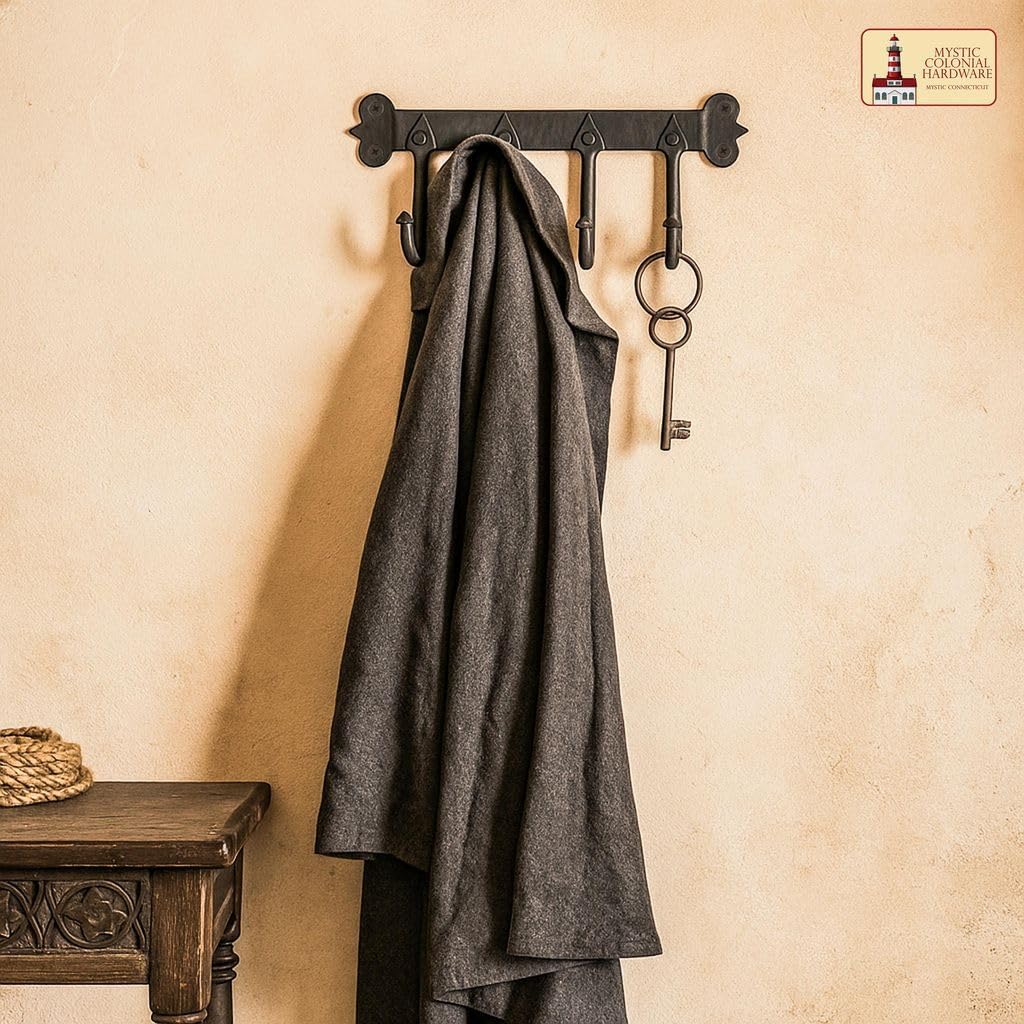 Mystic Colonial Medieval Rustic Hand-Forged Iron Wall Mounted Coat Rack (1 Pc, 4 Hooks) (5 in x 11 in) | Vintage Black Finish Heavy-Duty Utility Hanger for Coats, Towels, Keys & Bags