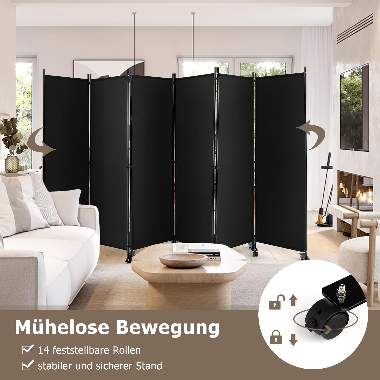 GIANTEX Paravent Raumteiler mit Rollen Raumtrenner Spanische Wand 6 Teilig | Trennwand Garten Balkon Terrasse 335x173 cm Umkleide Sichtschutz Klappbar Mobil Stellwand aus Stoff Innen & Außen Schwarz