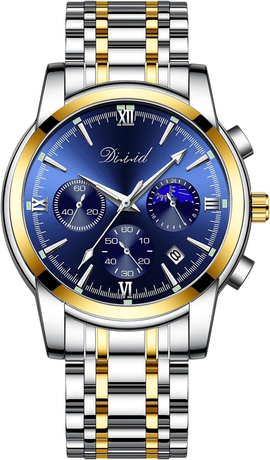 Watches for Men, Business Dress Mens Watches Chronograph Analog Quartz Stainless Steel Waterproof Luminous Date Luxury Casual Wrist Watch