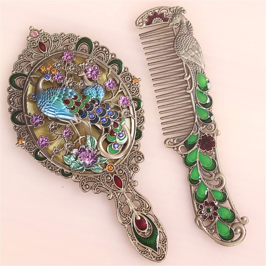 Antikes Messing mit grün-blauem, handbemaltem und juwelenbesetztem Pfauen-Design, faltbarer Handspiegel und Kamm aus Metall (Farbe: B)