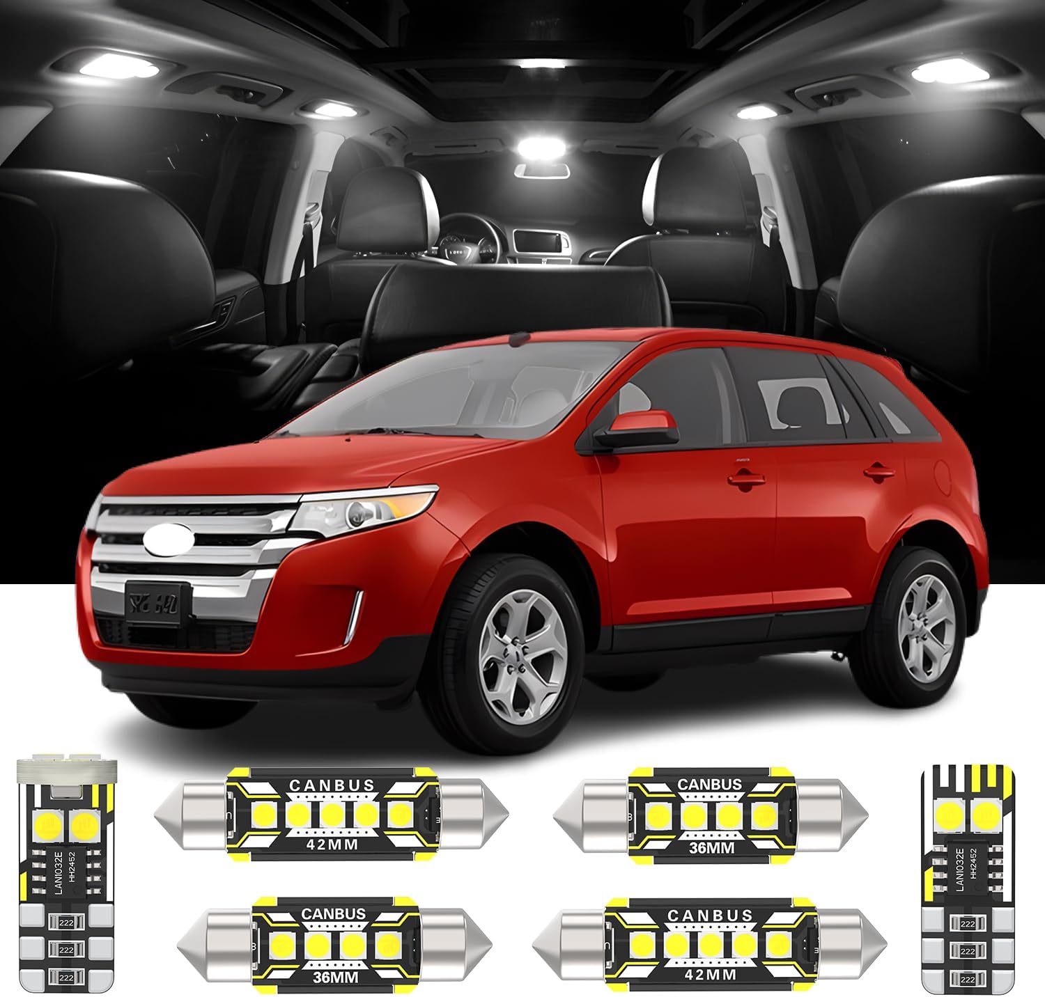 15 Pieces Edge LED Interior Lights for Ford Edge 2007 2008 2009 2010 2011 2012 2013 2014 2015 White Interior LED Bulbs + License Plate Lights, Install Tool