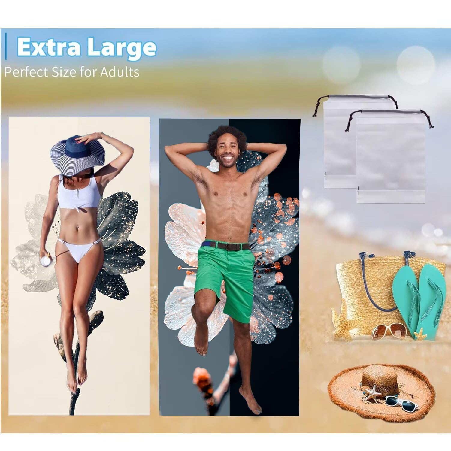 Ręcznik plażowy 90 x 200 cm, zestaw 2 dużych ręczników z mikrofibry szybkoschnący, chłonny, kompaktowy, ręcznik kąpielowy bez piasku lato koc plażowy damski do kąpieli prezent (kwiaty wiśni) H-1035