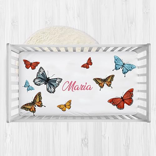 Sábanas personalizadas para cuna de mariposa colorida con nombre, sábanas de colchón de cuna de bebé con nombre personalizado para niñas, juegos de