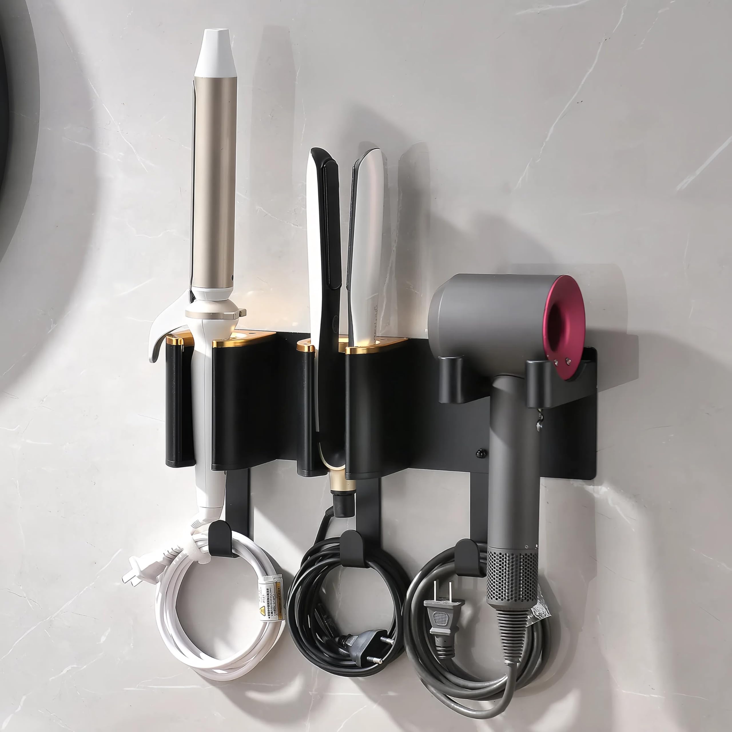 HAVICATO Hair Dryer Holder Wall Mount, Curling Iron Holder, 3 in 1 Hair Tool Organizer for Bathroom Vanity, Hair Straightener Holder, Aluminum Alloy Black
