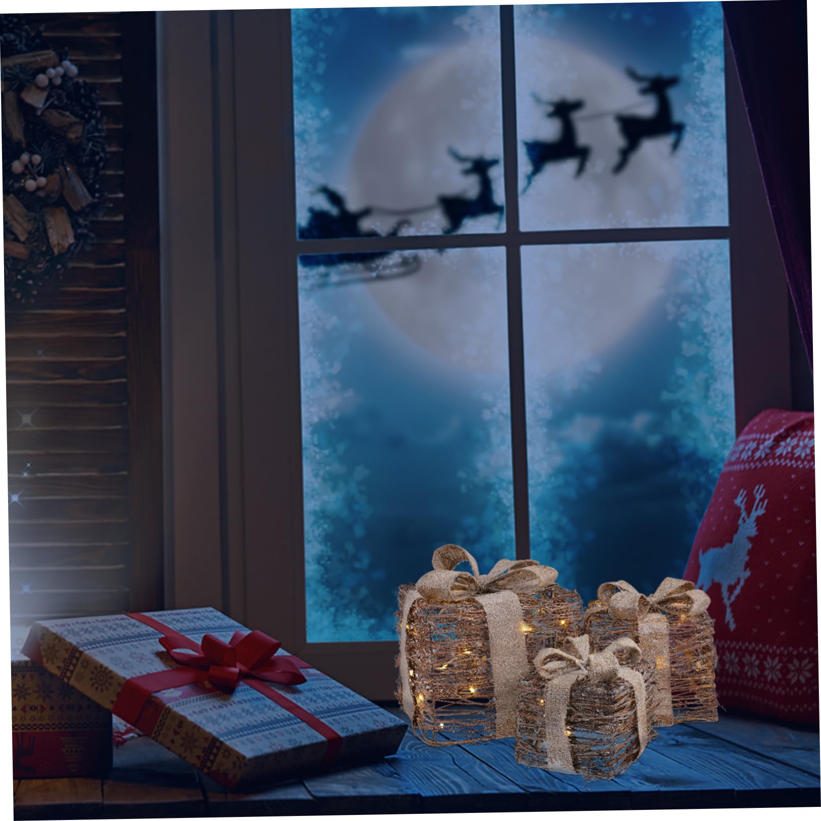 TOYANDONA 3pezzi Scatole Regalo di Natale Luci LED Scatola per Dolcetti di Natale in Rattan Naturale Scatola Regalo di Caramelle per Festival di Forniture per Festival di Luminose