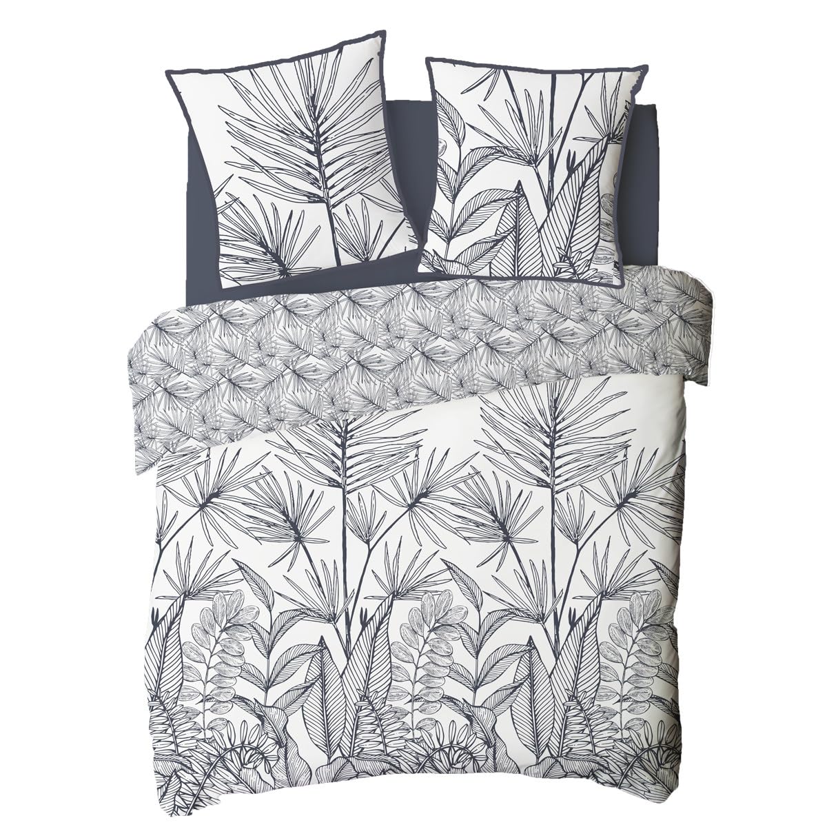 Future Home Parure de lit 2 Personnes Orphee en Coton 57 Fils imprimé - Housse de Couette + 2 taies d'oreiller 63x63cm - Finition Boutons - Réversible - Certifié Oeko-TEX Blanc 260x240cm