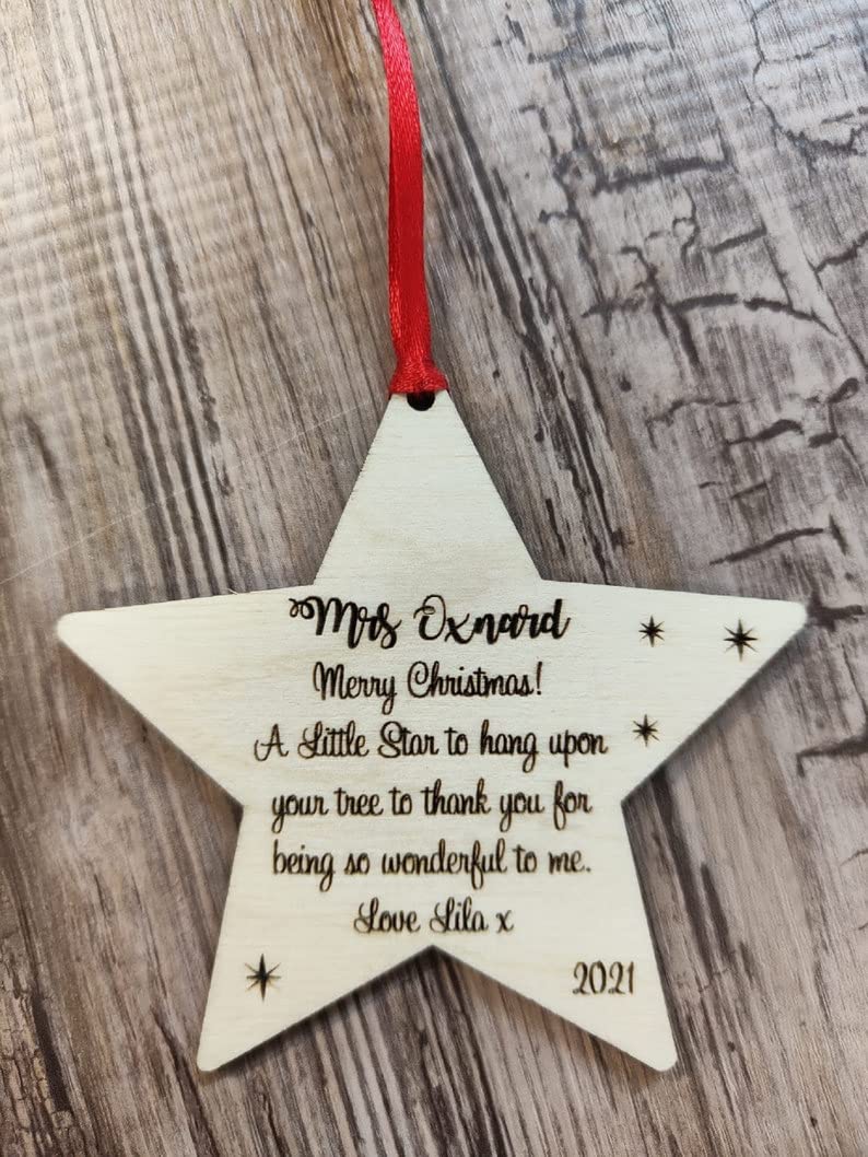 Fsss Ltd Blue,Green,Purple Personalised Engraved Teacher Thank You Birch Plywood Star Sign Gift Christmas Tree Xmas Decoration