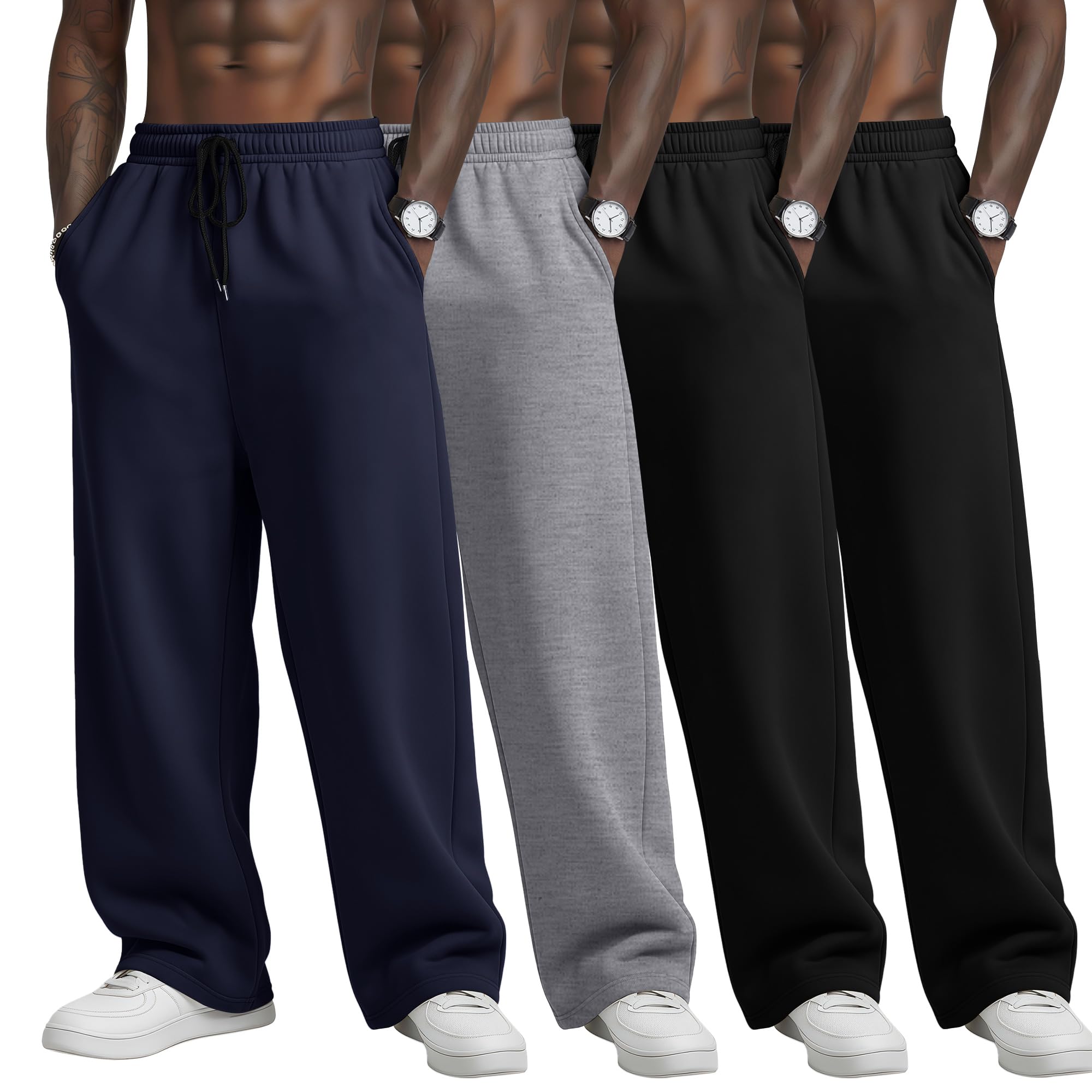 4 Pack Mens Big and Tall Sweatpants Athletic Workout Lounge Open Bottom Pants Drawstring Joggers with Pockets Black