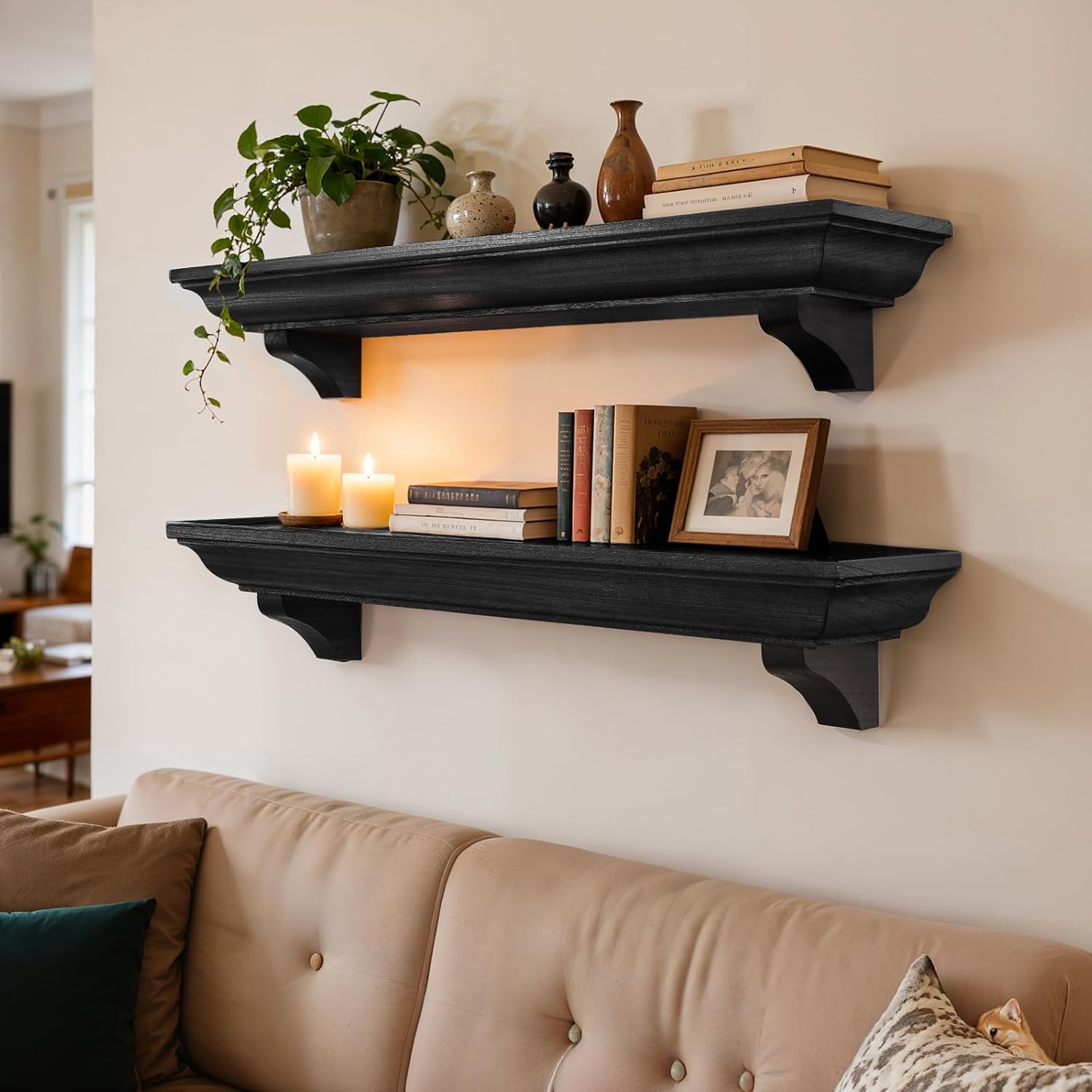 36 Inch Fireplace Mantel Shelf with Corbels, Set of 2 Rustic Floating Shelf for Wall, Wooden Fireplace Mantel for Living Room, Bedroom, Kitchen, Black