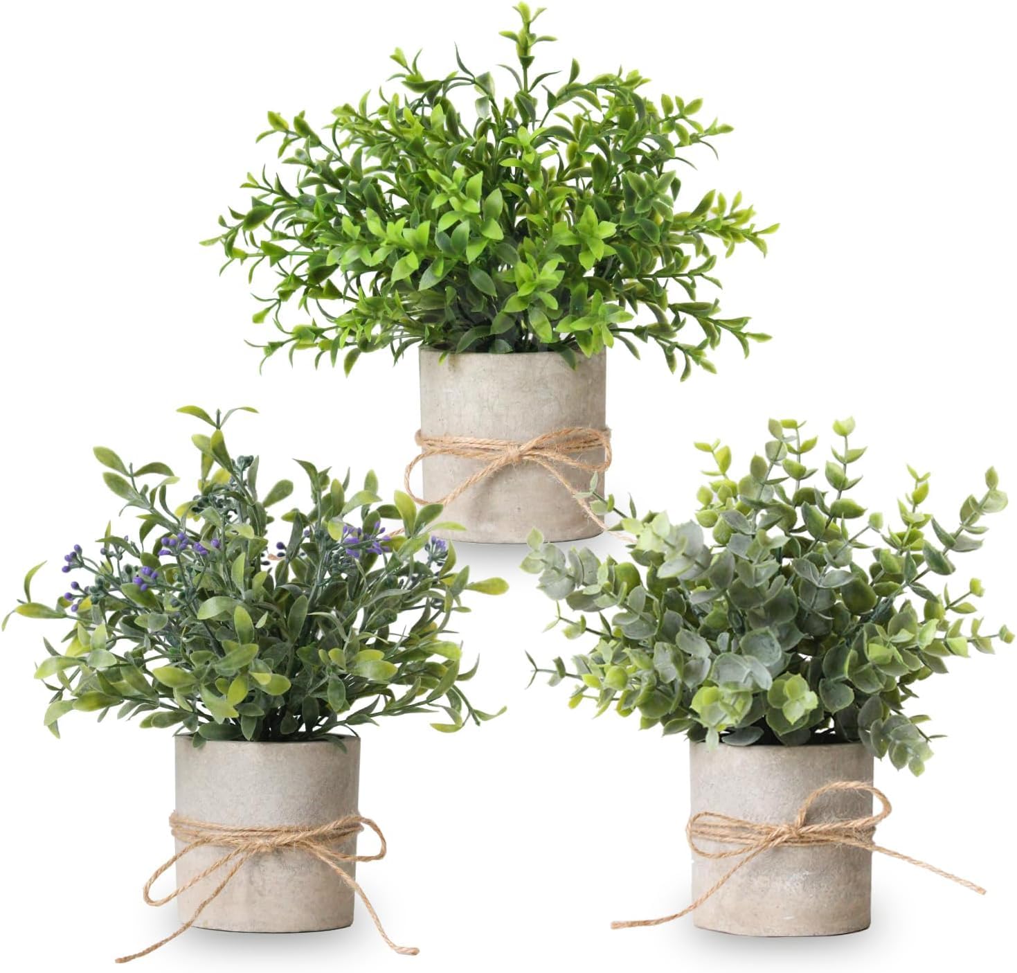 Paquete de 3 plantas artificiales de eucalipto para interiores de 8.5 pulgadas, pequeña vegetación sintética para decoración del hogar, granja, baño, cocina, oficina, plantas falsas para