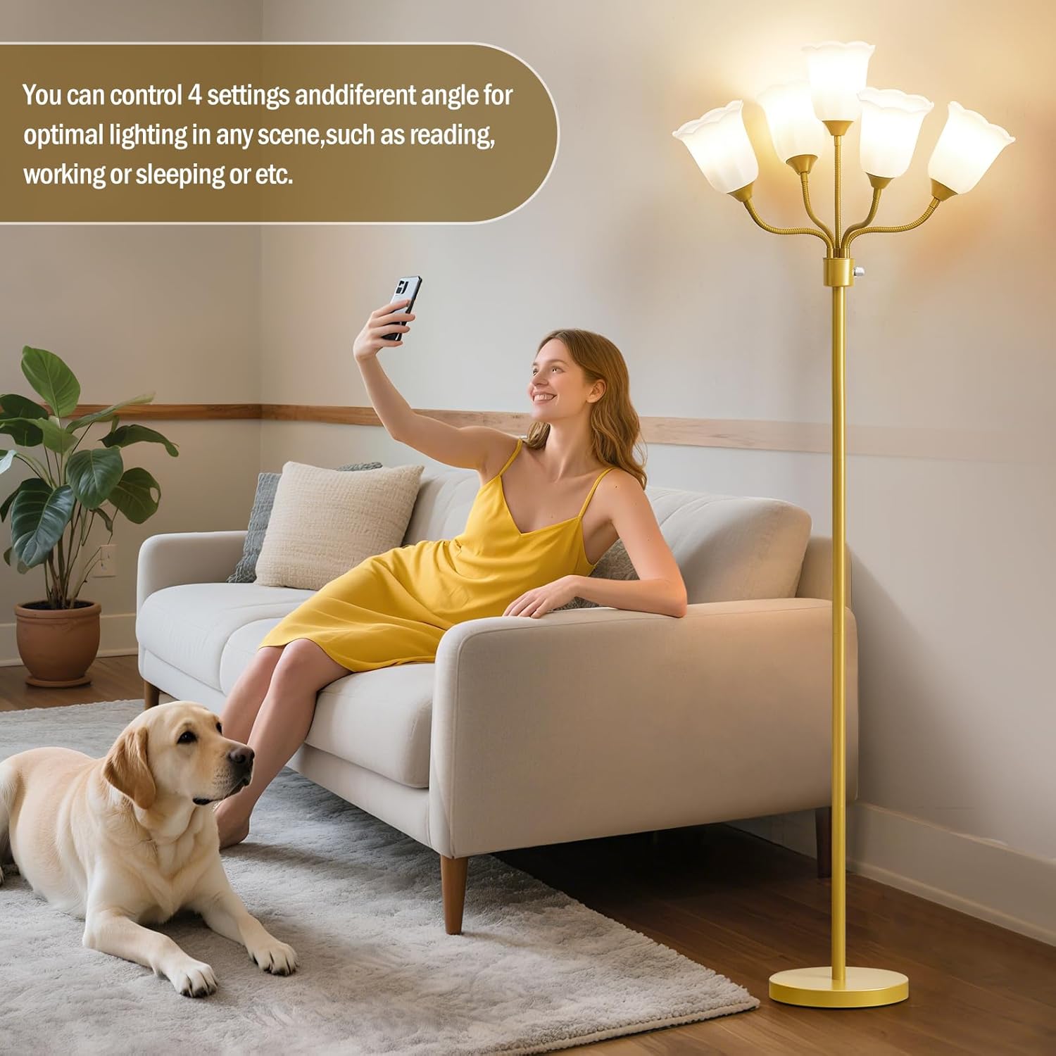GyroVu Medusa Floor Lamp, Multi Head Modern Tall Lamp with Adjustable Gooseneck Standing Gold Lamps for Living Room Kids Room&Bedroom-5 White Lampshades-Bulb Not Included