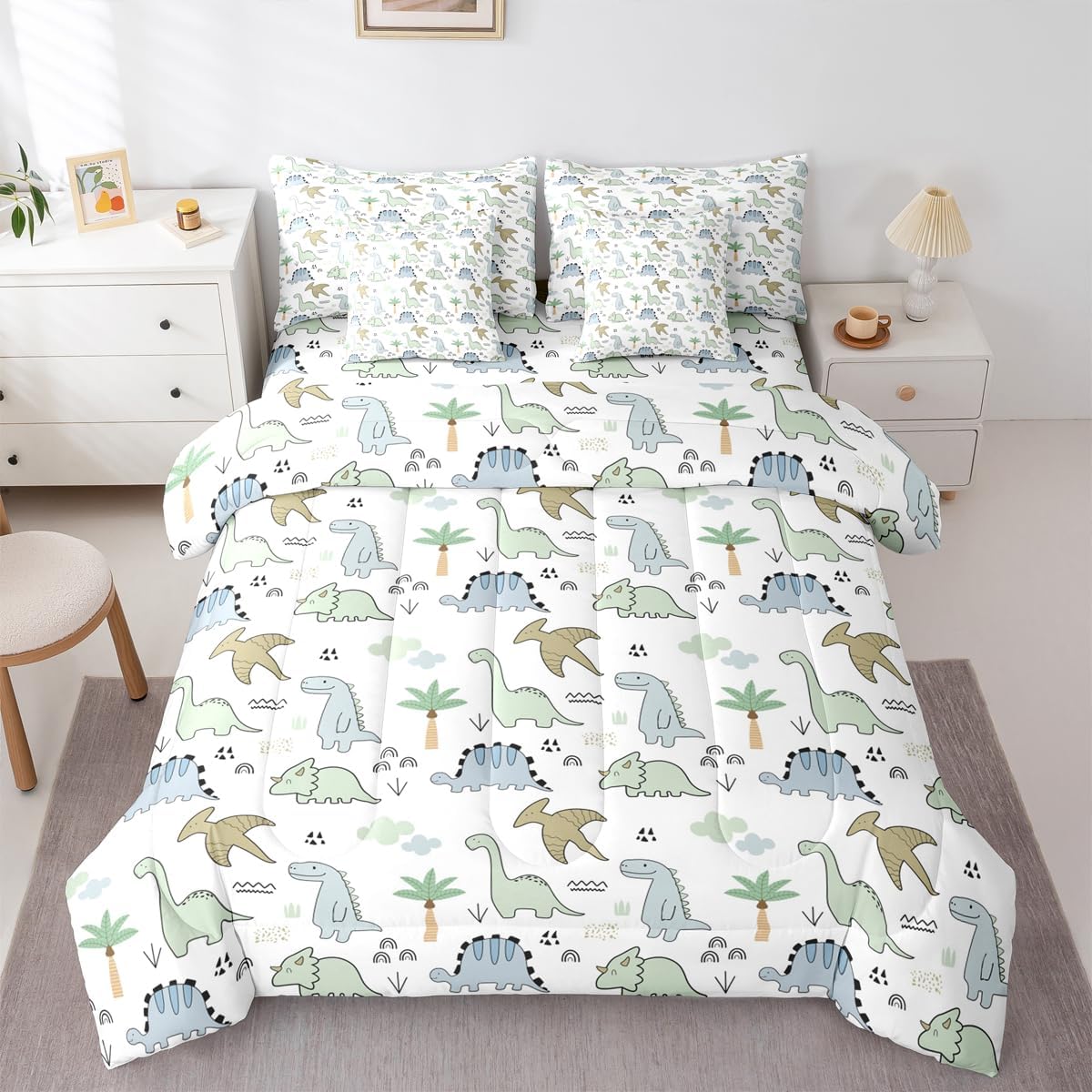Kids Dinosaur Comforter Set Full Size,Cute Cartoon Dino Animal Kids Bedding Set,Watercolor Cloud Jungle Trees Bed Set 7 Pieces(Comforter+Fitted+Flat Sheet+Pillowcase+Pillow Cover)