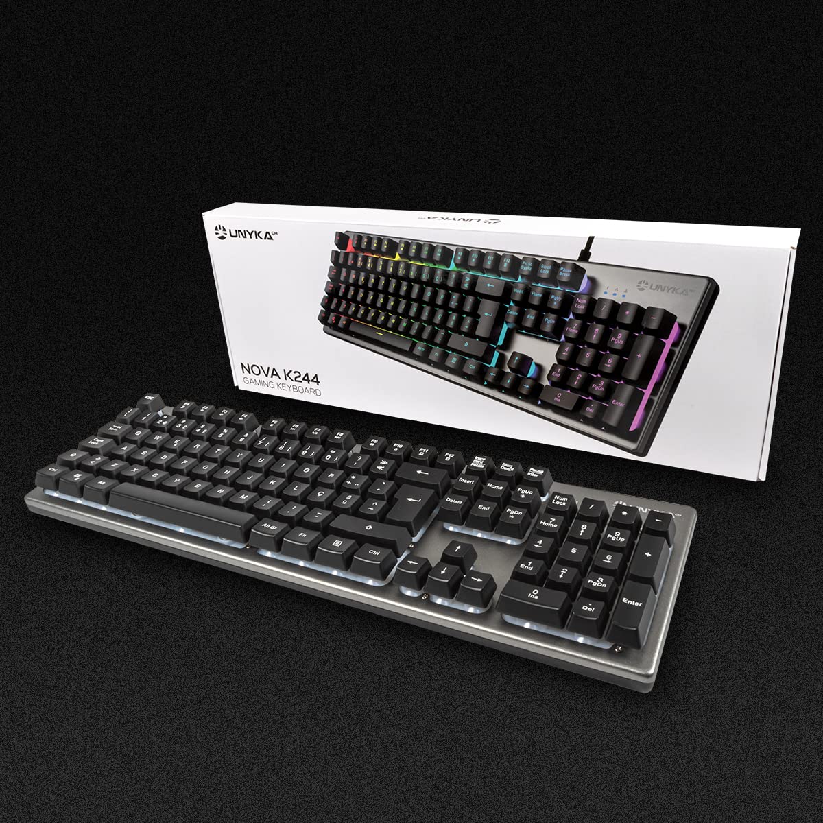 Unykach Teclado PORTUGUÉS Gaming Nova K244, 105 Teclas QWERTY | Cable USB, Retroiluminación LED RGB, Efecto Arco Iris, Ergonómico
