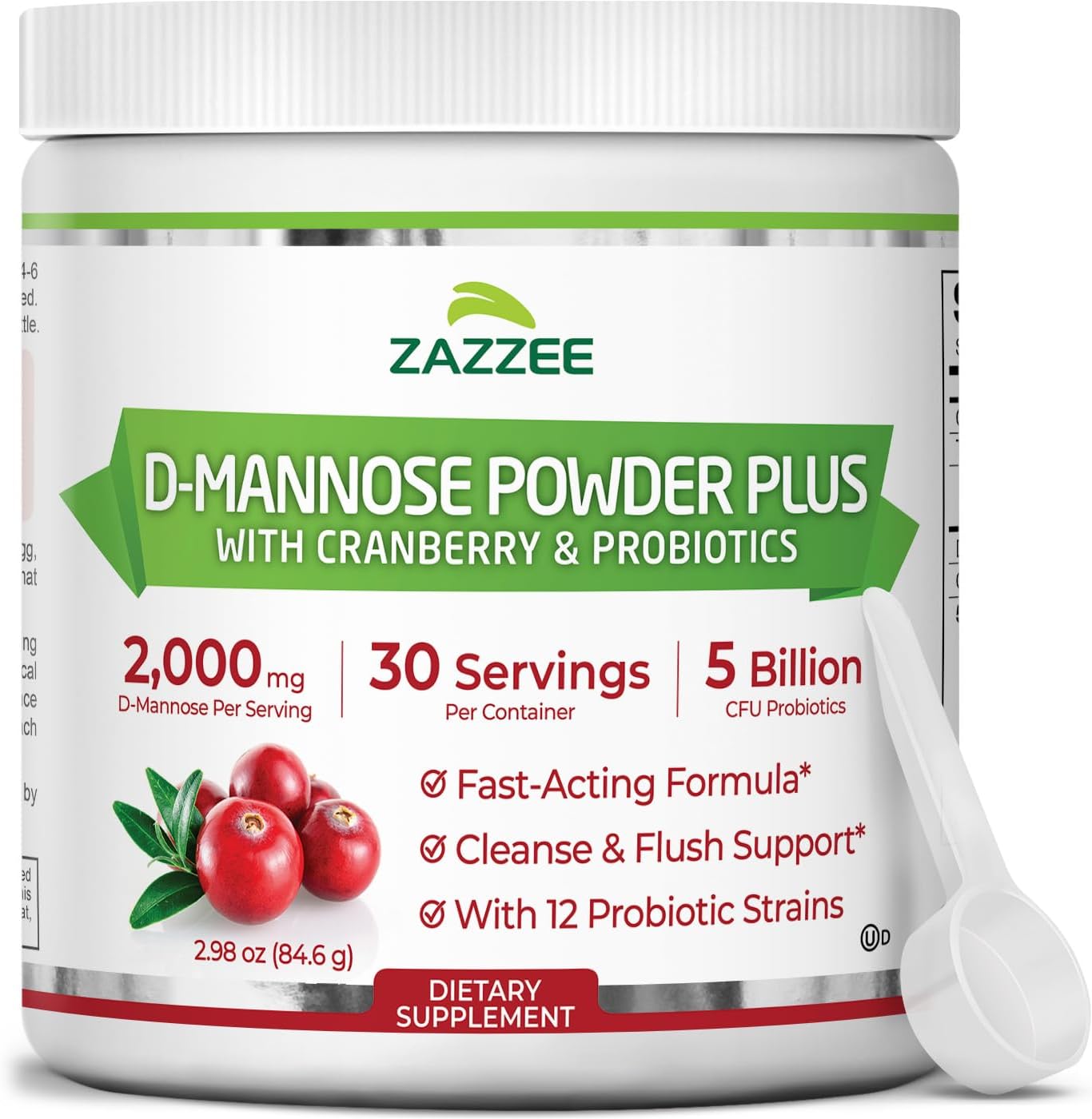 Zazzee D-Mannose Powder Plus, 2000 mg, 30 Servings, Plus 5 Billion CFU Probiotics and Pure Cranberry Juice Extract, Certified Kosher, Free Scoop, 2.98 oz, Urinary Tract Support, Non-GMO, All-Natural