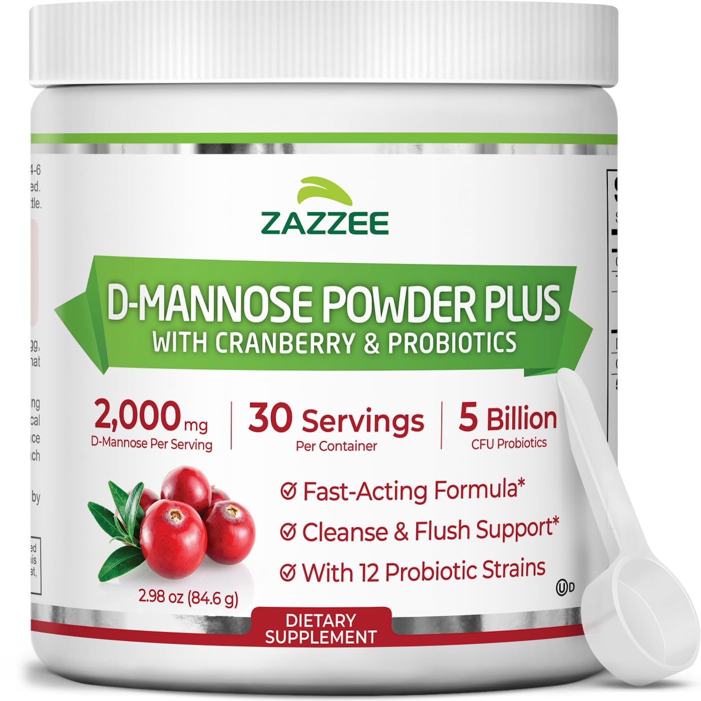 Zazzee D-Mannose Powder Plus, 2000 mg, 30 Servings, Free Scoop, Made in USA 2.98 Ounce (Pack of 1)