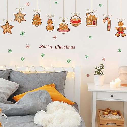Miniatura 6 de Calcomanías de pared con texto en inglés Merry Christmas para despegar y pegar, arte de pared de casa de caramelos, copos de nieve, decoración de