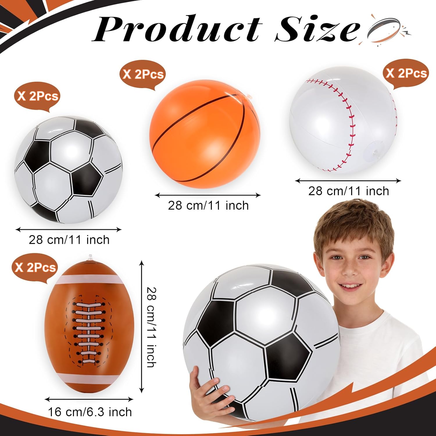 8 Pcs Giant Inflatable Sports Balls,16 Inch Blow Up Footballs Soccer Basketball Baseball,Summer Pool Beach Balls for Sport Game Party Supplies,Indoor and Outdoor Use