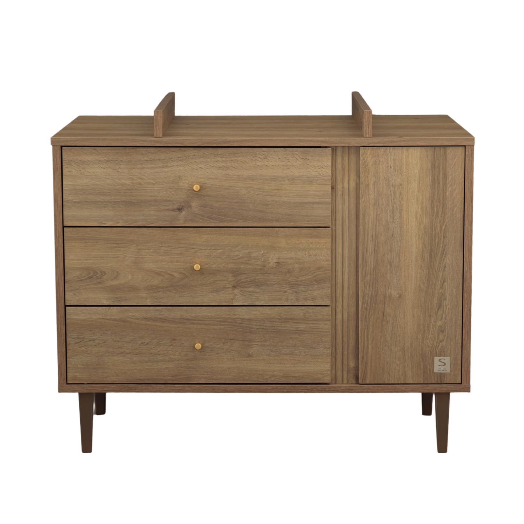 Sauthon Commode 3 tiroirs et 1 Porte avec détail Imitation Bois texturé et Pieds Bois