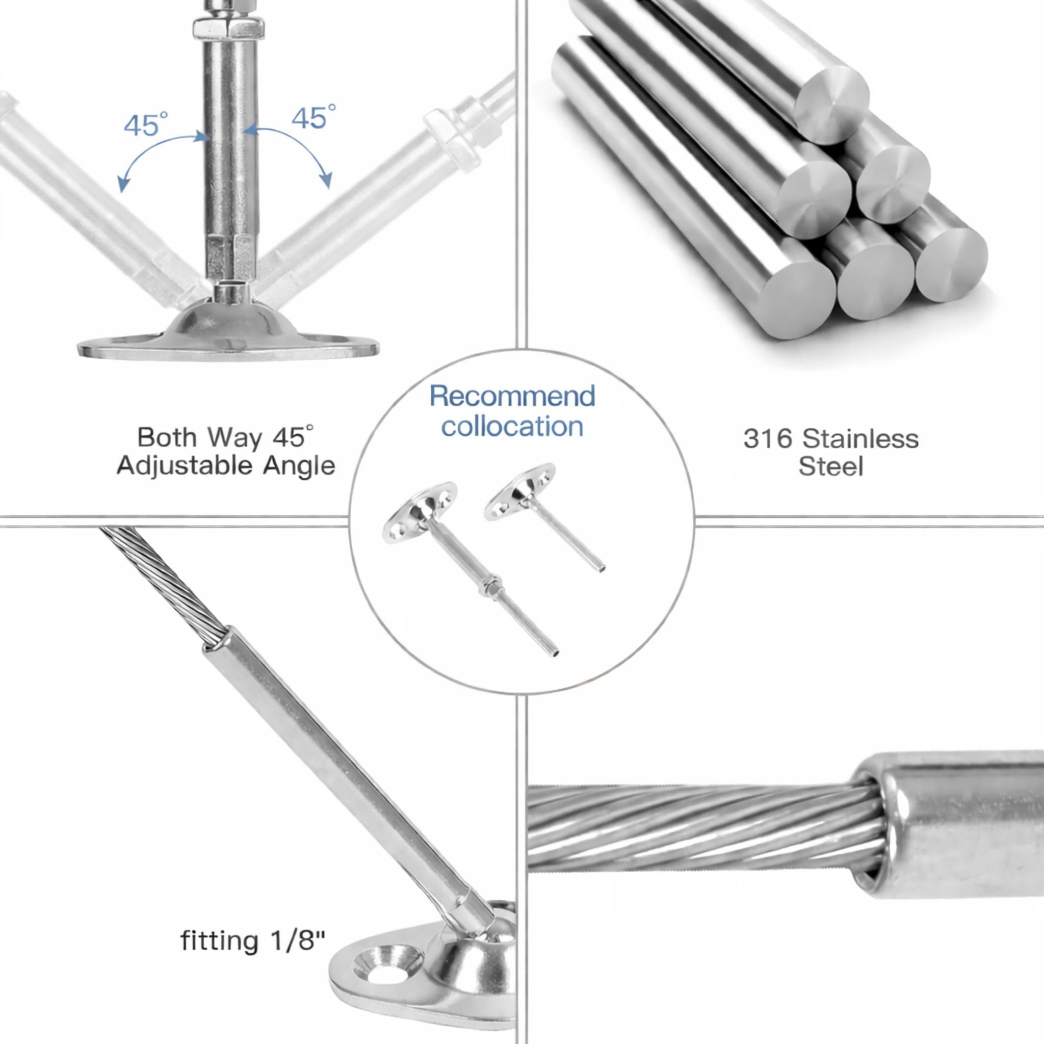 MR.RAIL MR-08 - Kit hardware per ringhiere per cavi in acciaio inossidabile 316L, 10 paia da 1/8", per pali in legno, tendicavo per ringhiere per ponte, scale e balconi, base di montaggio superficiale