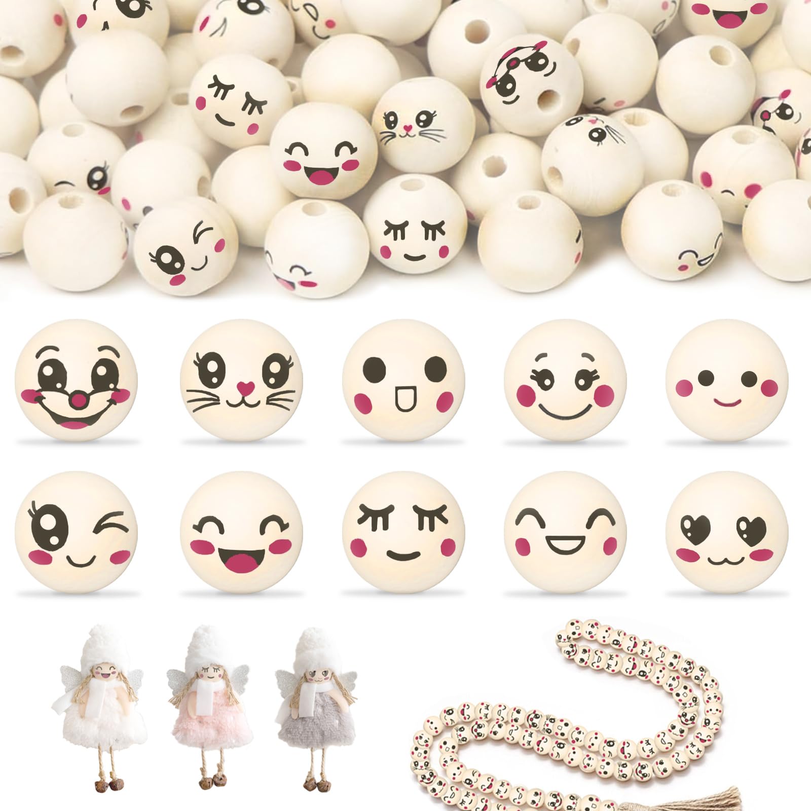 100 Holzperlen Mit Gesicht - DIY Bastelset Für Sorgenpüppchen & Schmuck