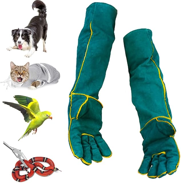 XIEHUZA Animal Handling Anti-Bite Gloves, 24inch Reinforced Leather Welding Gloves for Gardening, Grooming, Dog Training, Cat Scratch, Bird Handling Falcon Gloves Grabbing, Bite Resistant Feed Gloves