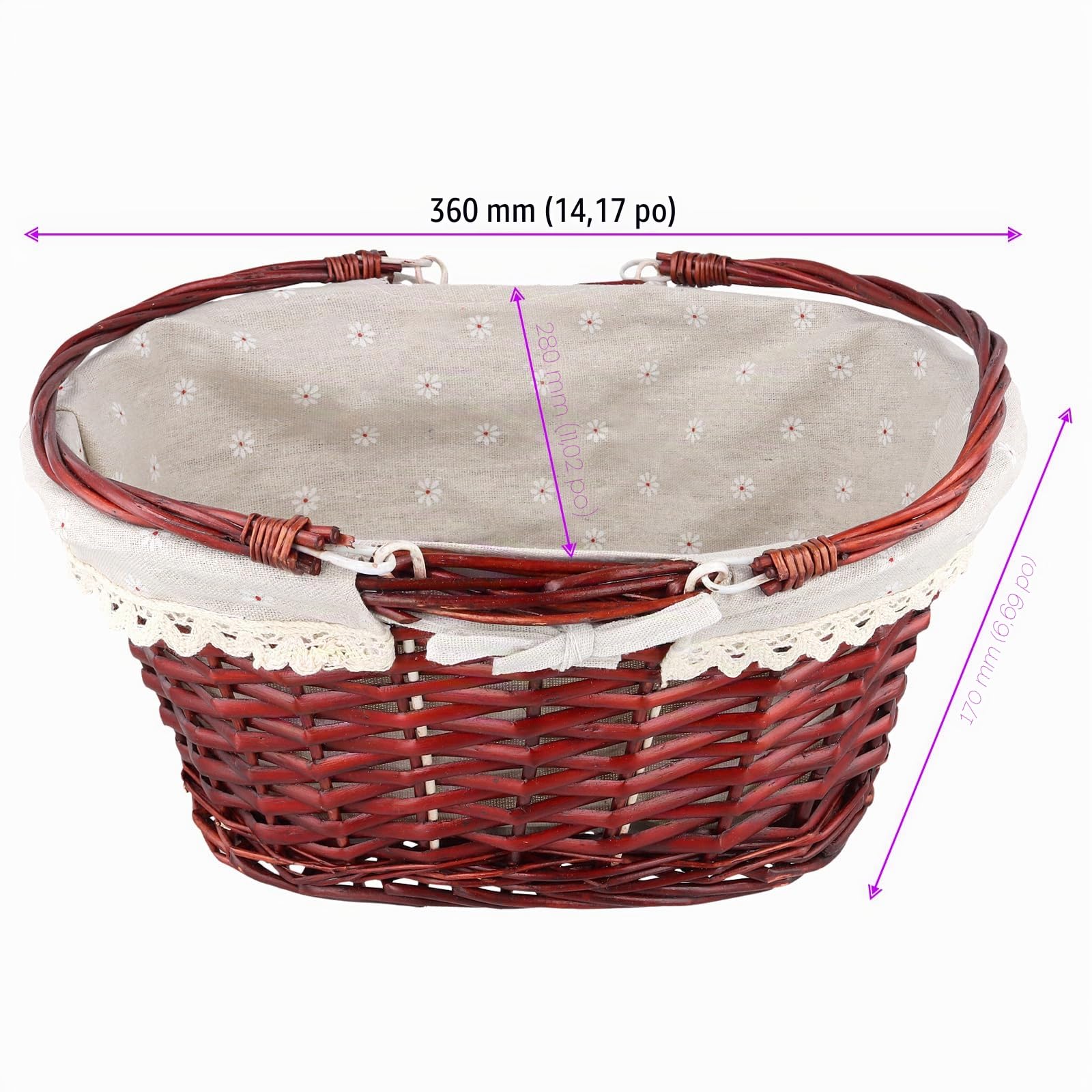 FUNSUEI Panier en Osier avec Anse et Doublure - Petit Panier Tissé Main pour Pique-Nique, Rangement, Décoration et Pâques - 36 x 28 x 17 cm